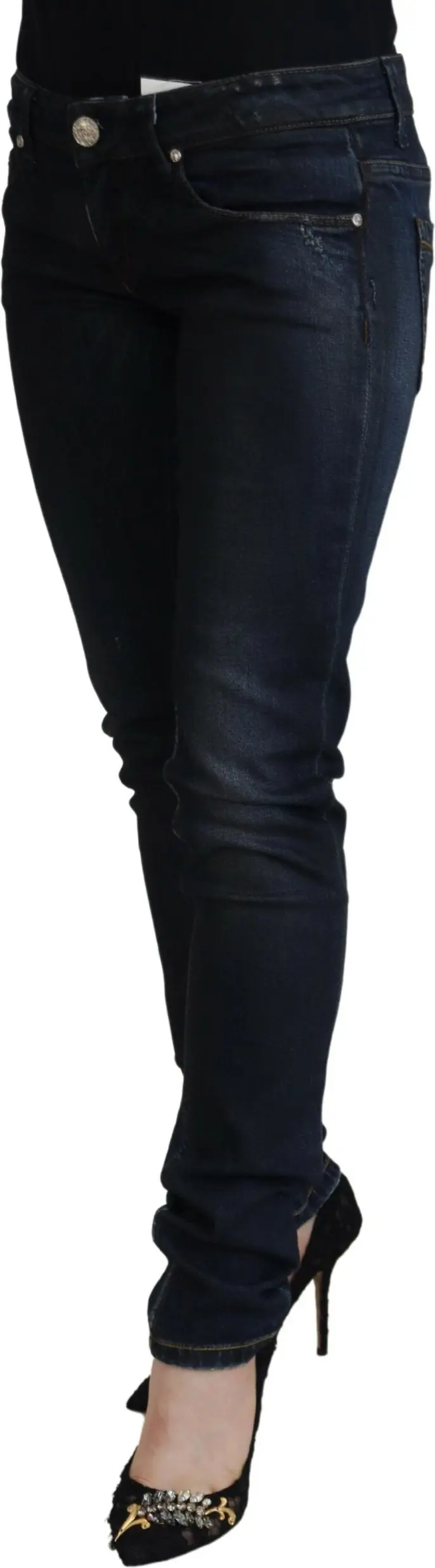Blue Cotton Low Waist Slim Fit Women Casual Jeans