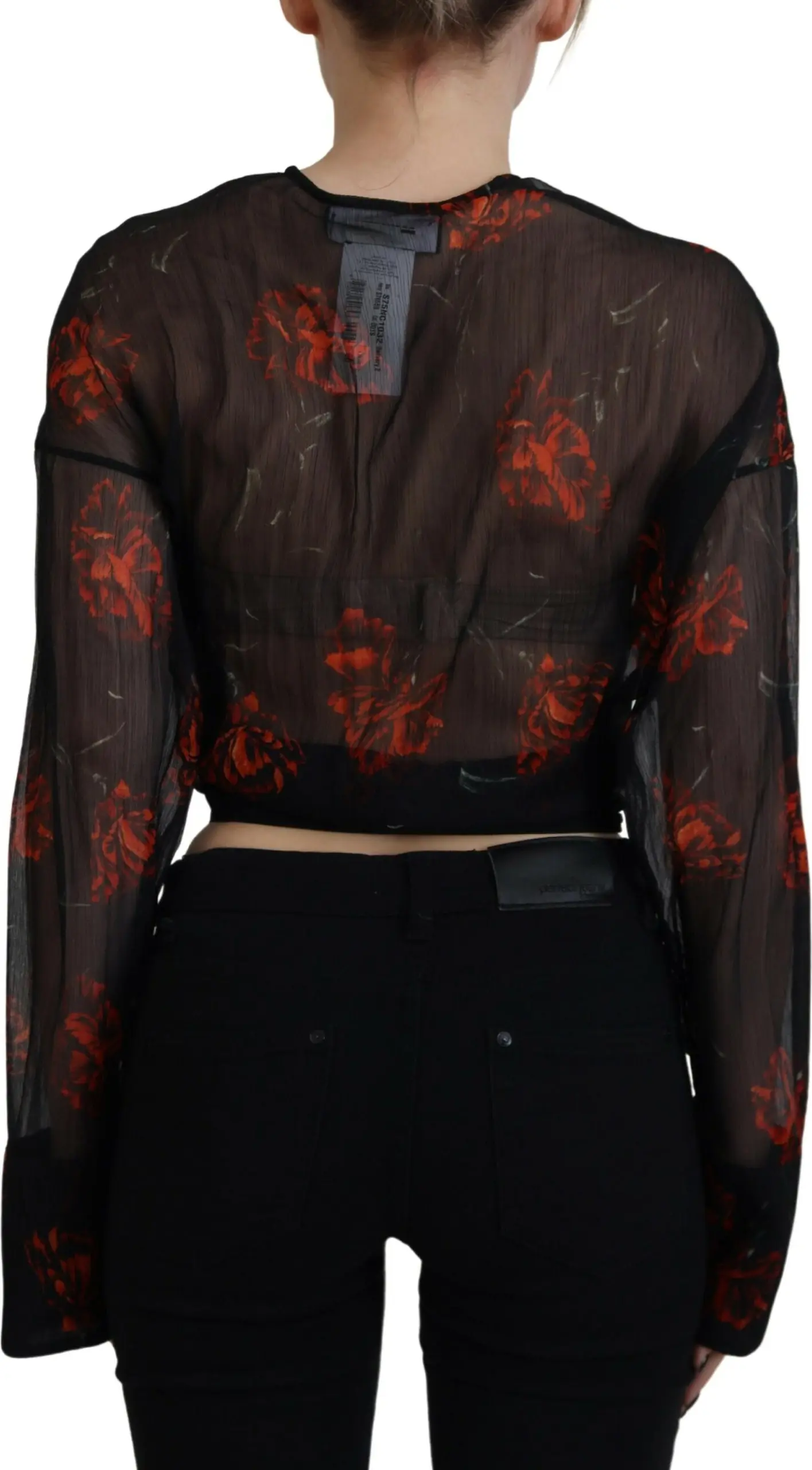 Top Dsquared2 Black Floral Print Cropped Wrap Long Sleeves Top