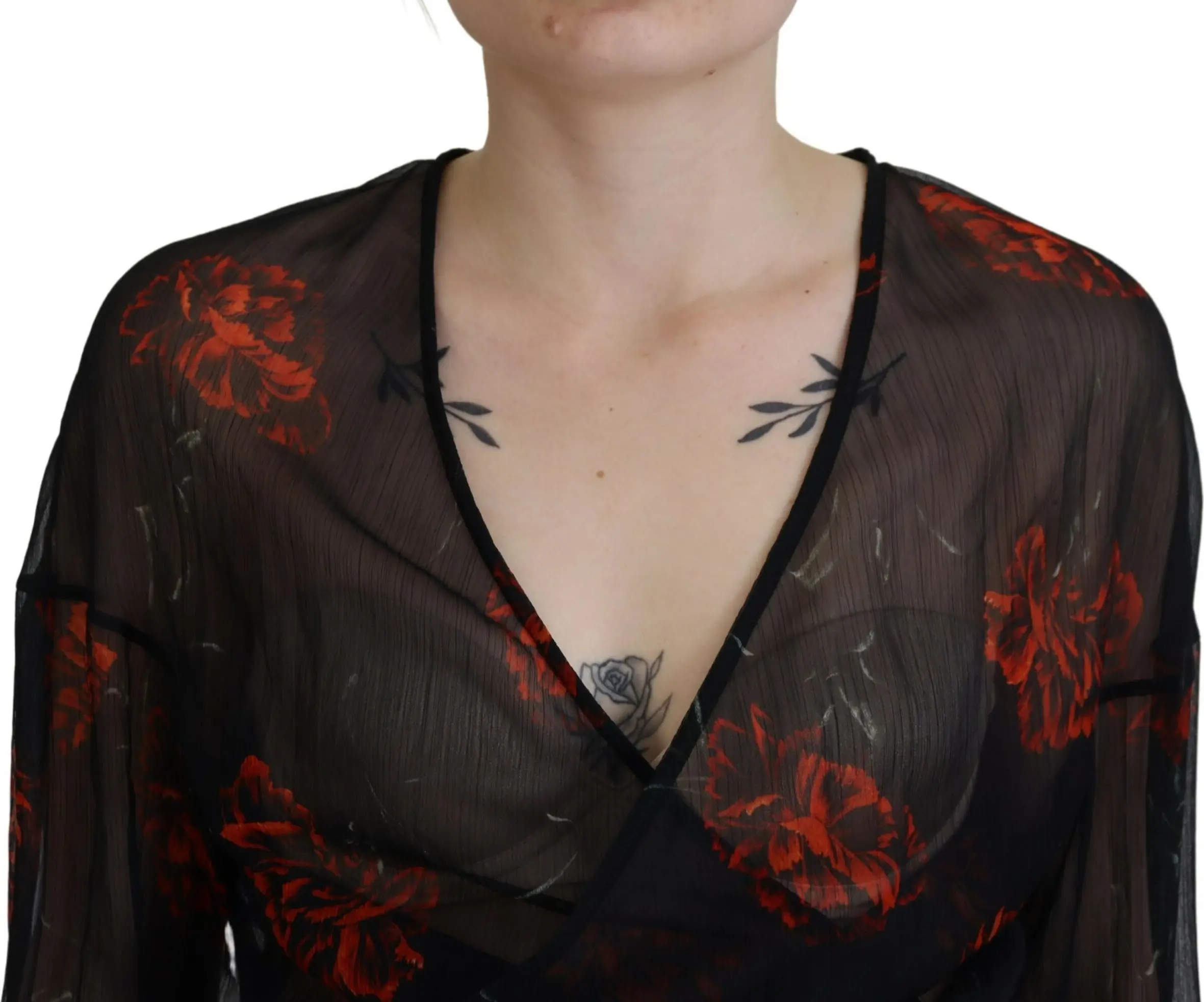Top Dsquared2 Black Floral Print Cropped Wrap Long Sleeves Top