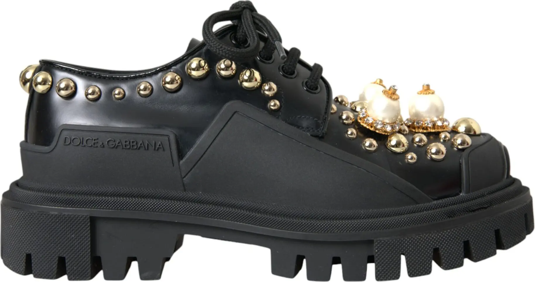Shoes Dolce & Gabbana Black Leather Trekking Derby Embellished
