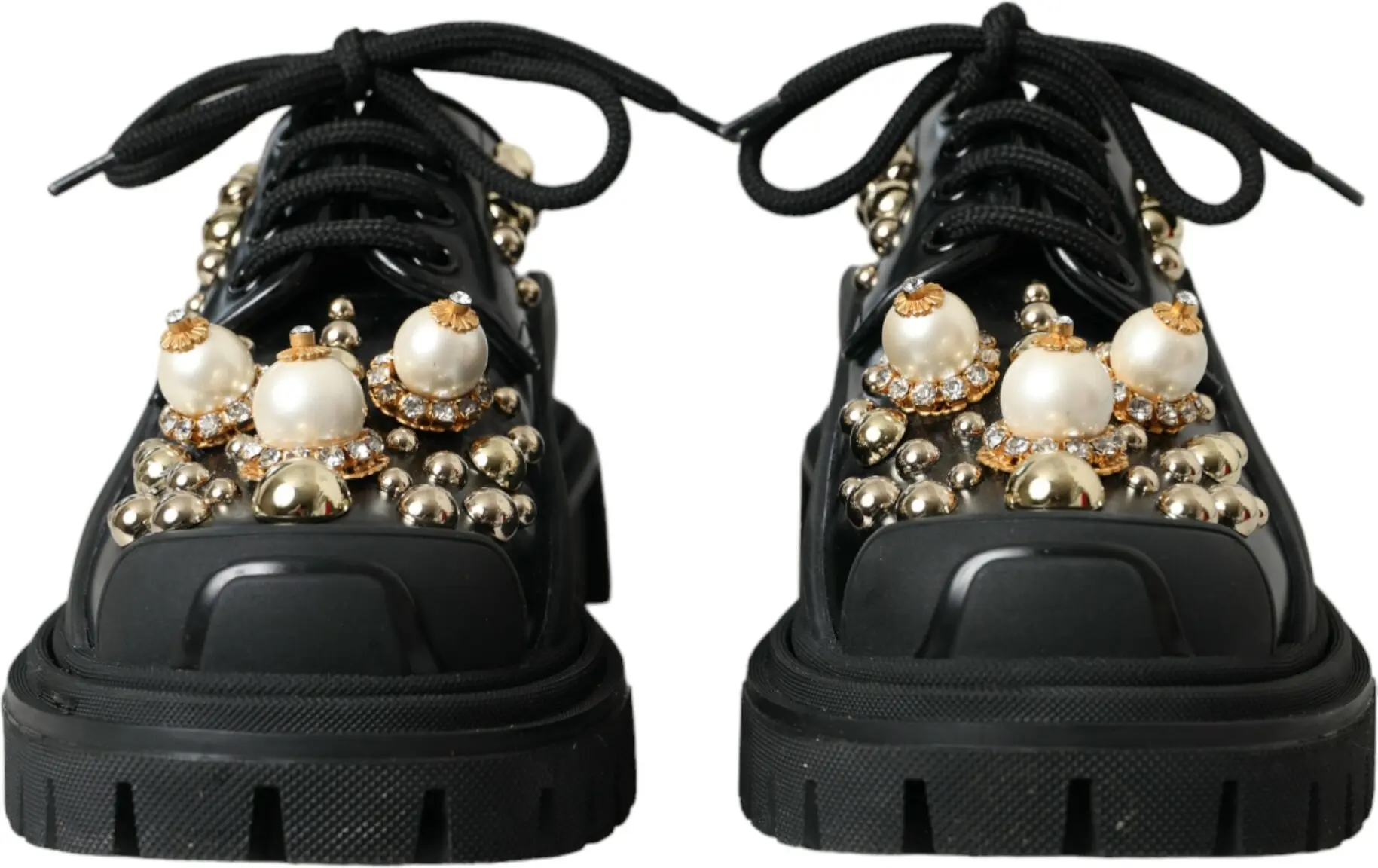 Ботинки Dolce & Gabbana Черная Кожа Треккинговые Дерби с Отделкой
