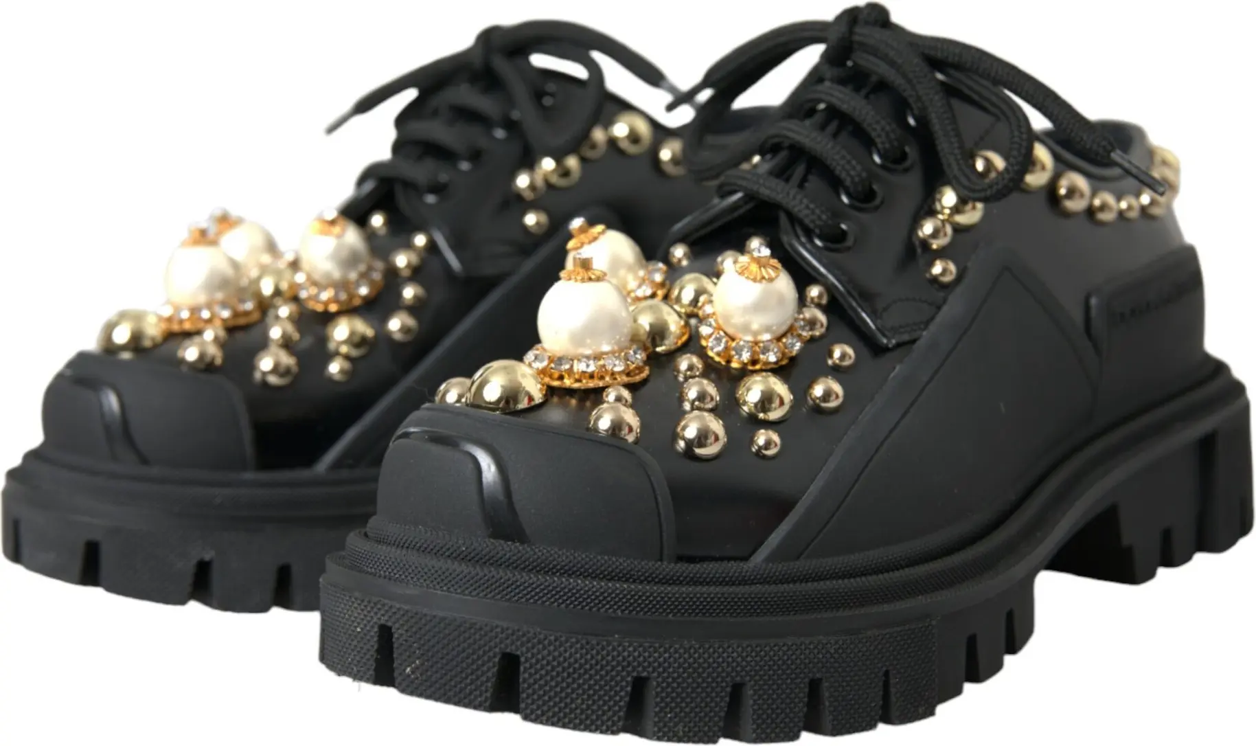 Ботинки Dolce & Gabbana Черная Кожа Треккинговые Дерби с Отделкой