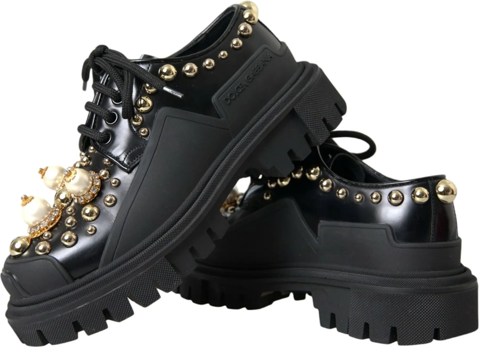 Ботинки Dolce & Gabbana Черная Кожа Треккинговые Дерби с Отделкой