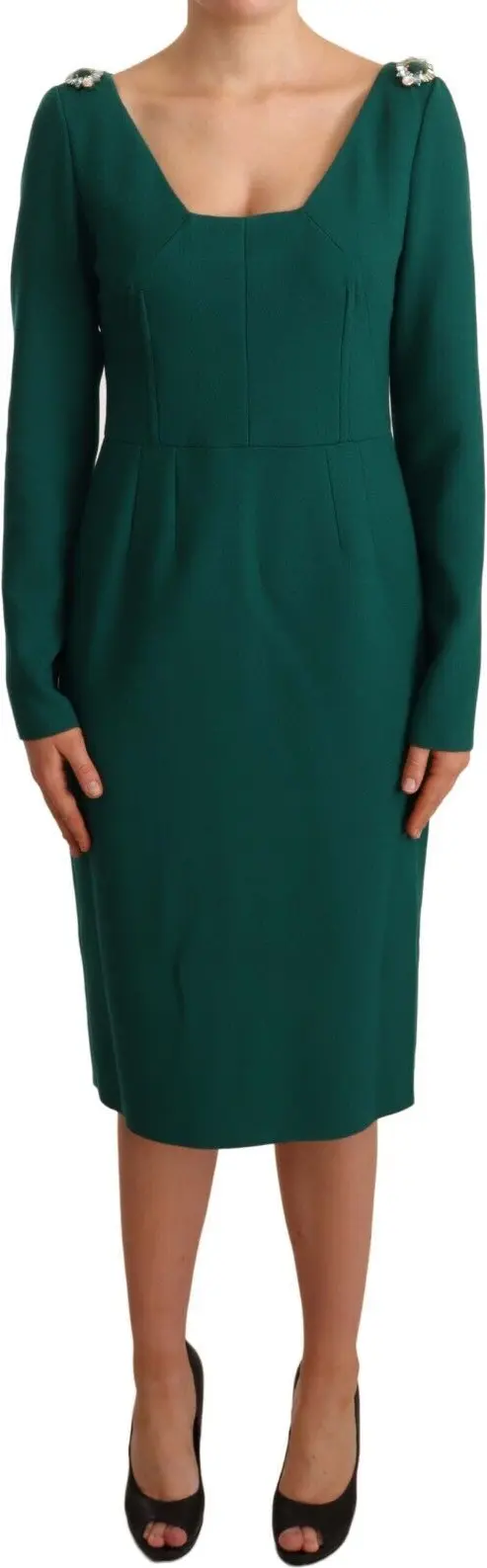Midi Dress Dolce & Gabbana Green Stretch Crepe Crystal Midi Dress