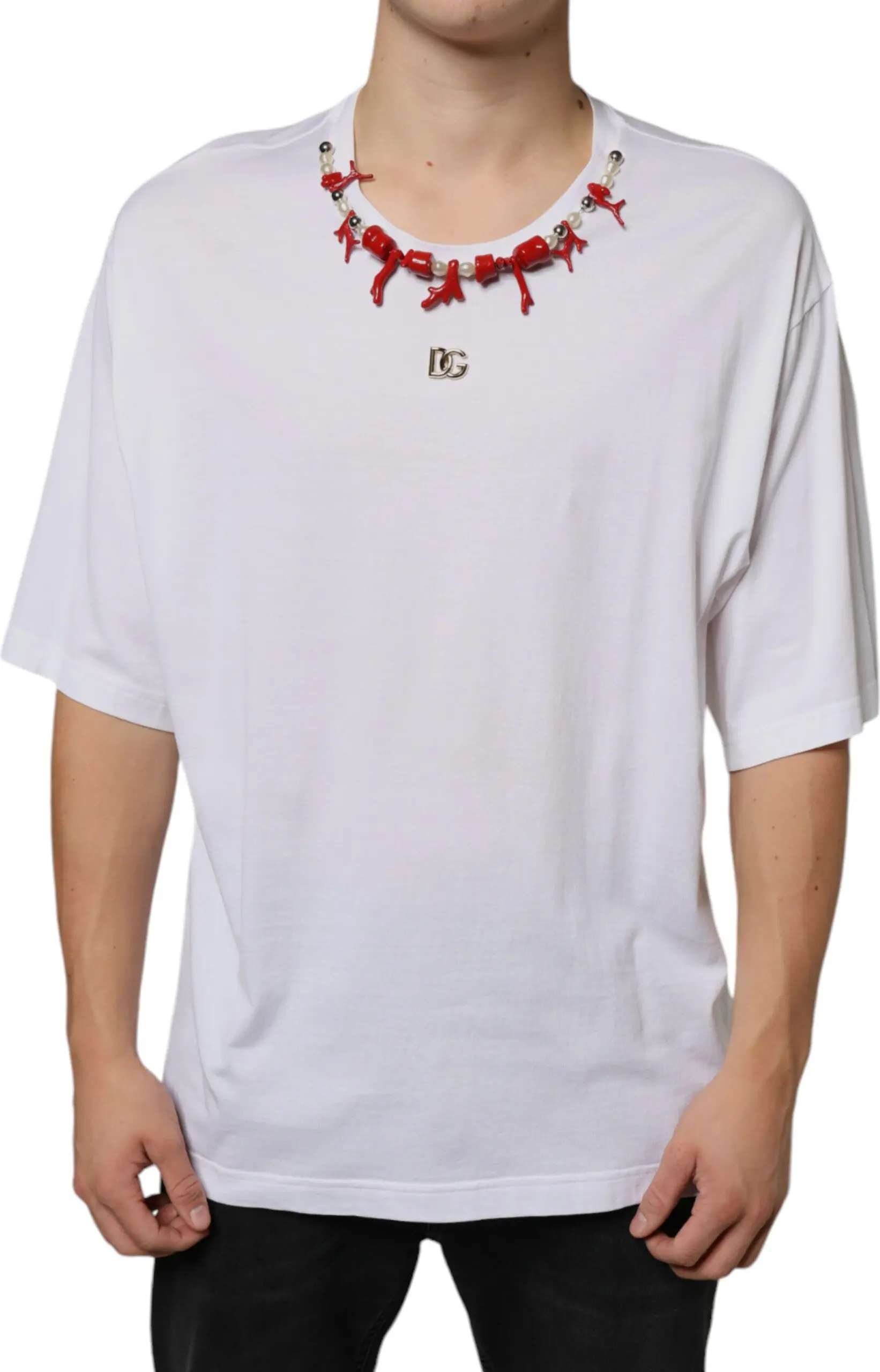 Dolce & Gabbana oq paxta T-ko'ylagi marjon bezakli