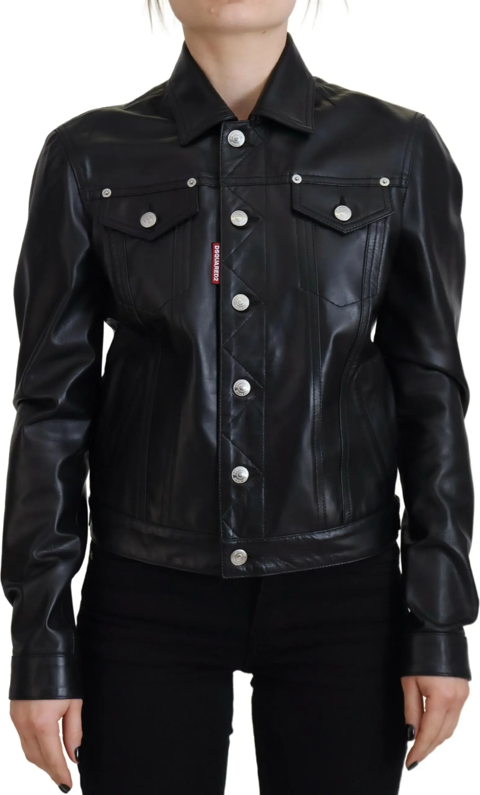 Jacket Dsquared2 Black Leather Collared Long Sleeves
