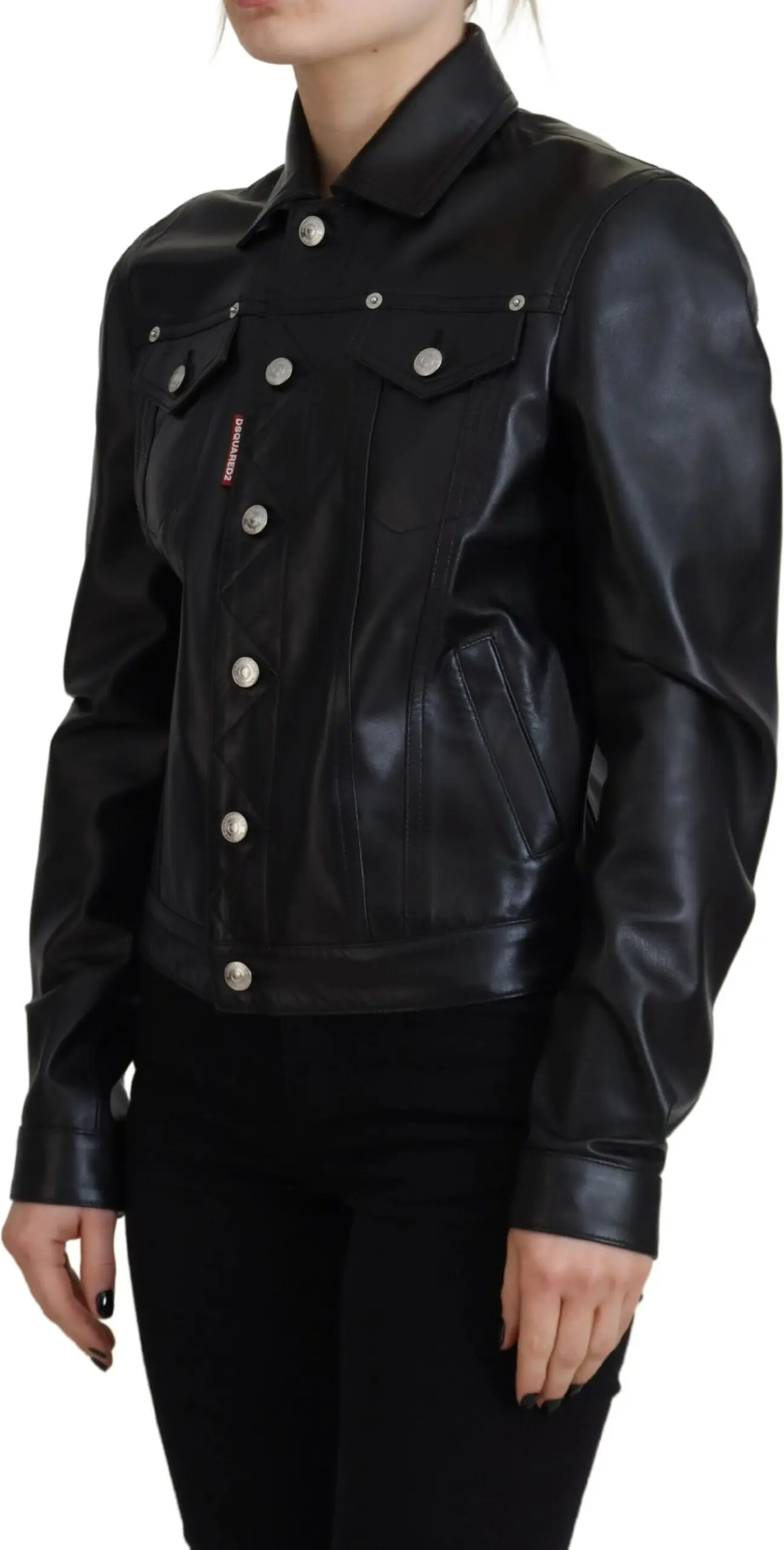 Jacket Dsquared2 Black Leather Collared Long Sleeves
