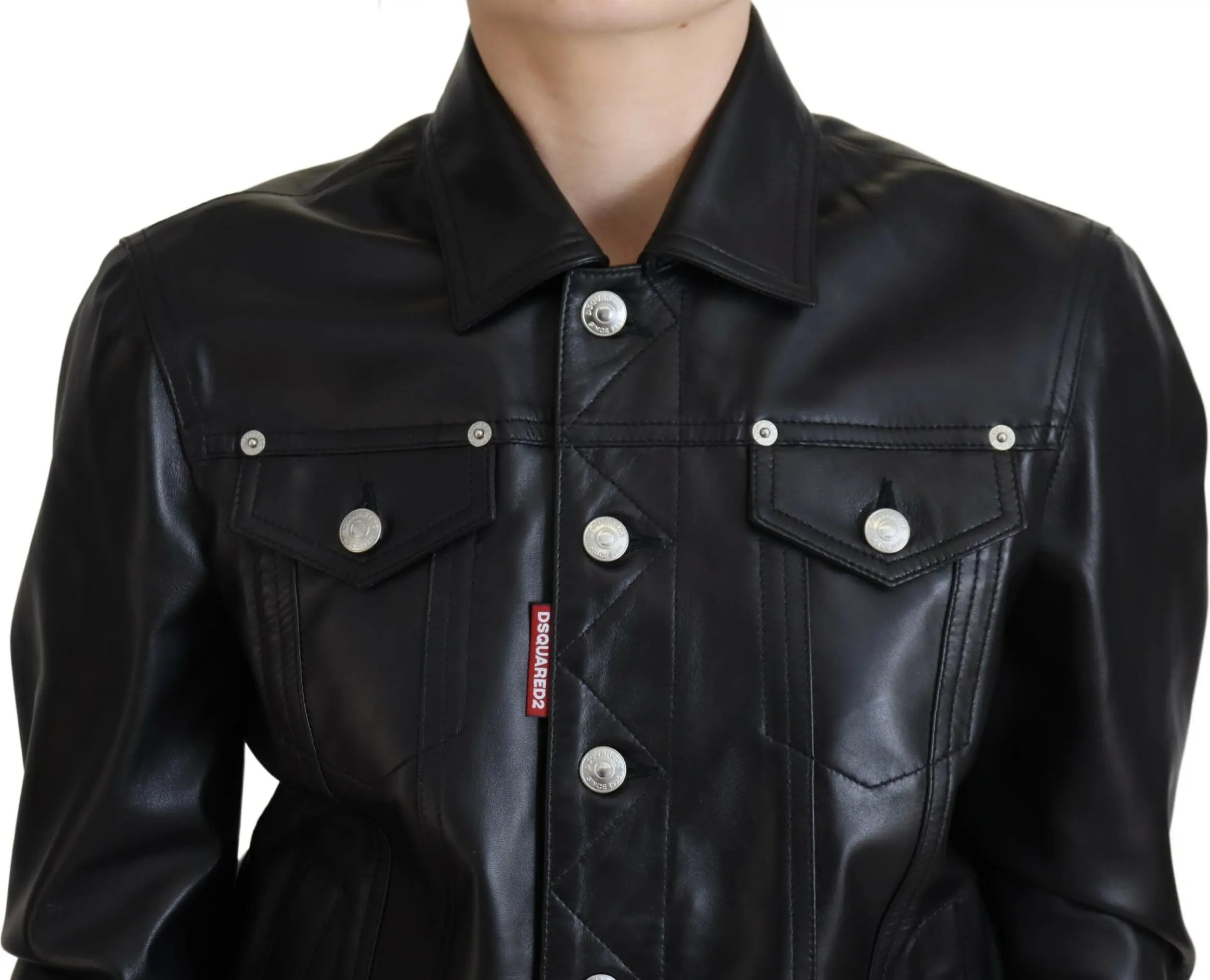 Jacket Dsquared2 Black Leather Collared Long Sleeves