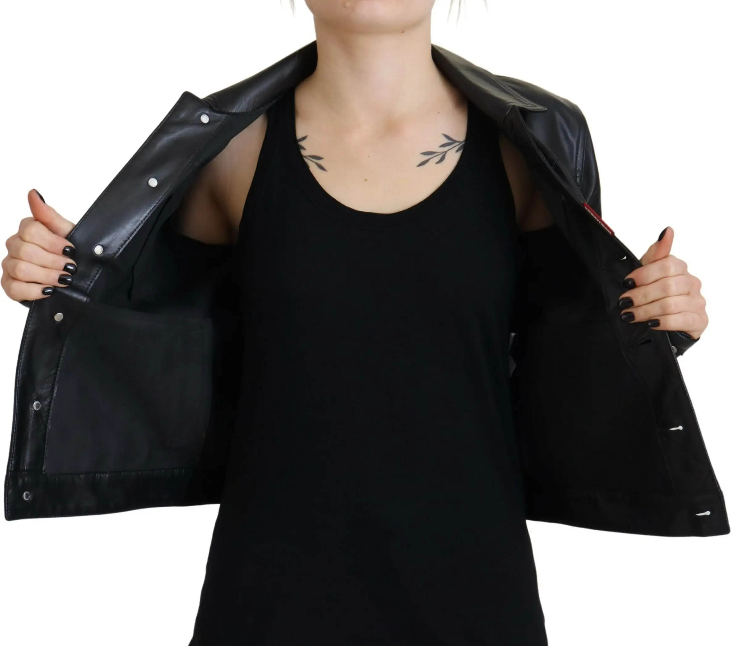 Jacket Dsquared2 Black Leather Collared Long Sleeves
