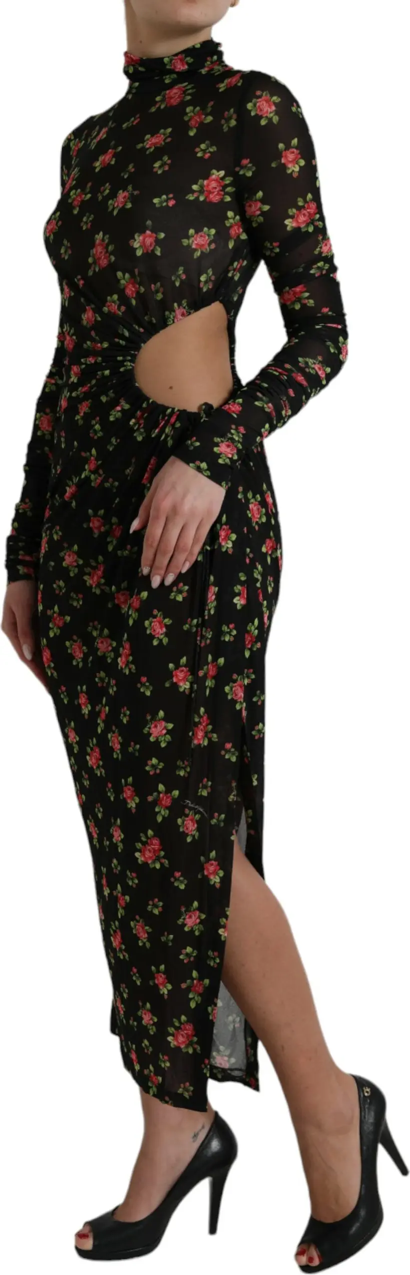 Платье Dolce & Gabbana Черное с цветочным принтом с вырезами футляр Макси