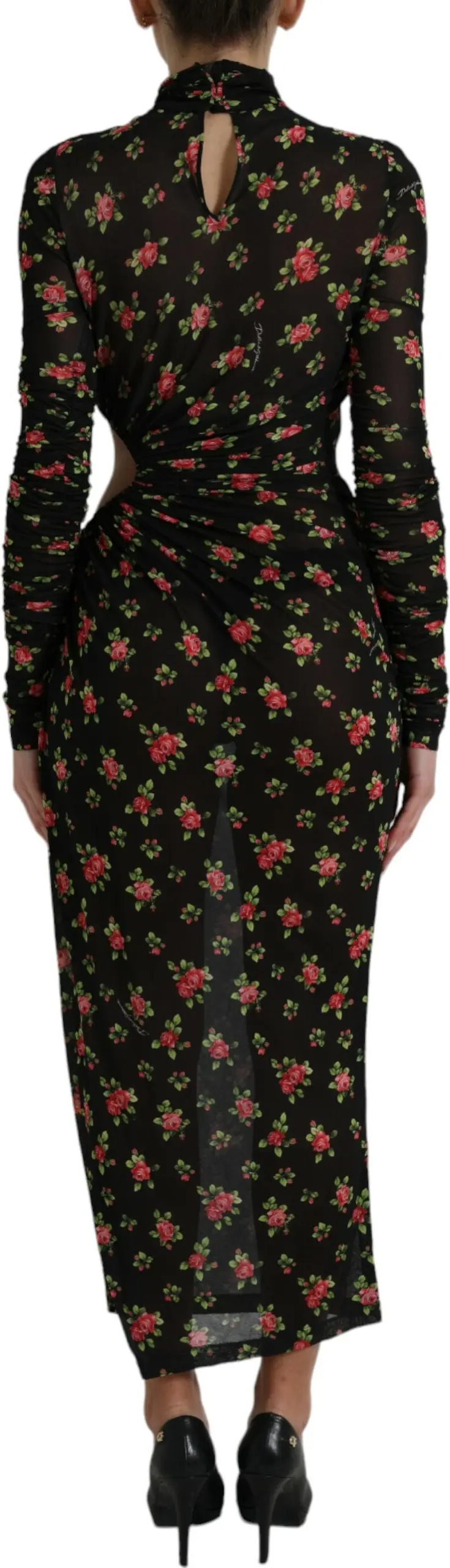 Платье Dolce & Gabbana Черное с цветочным принтом с вырезами футляр Макси