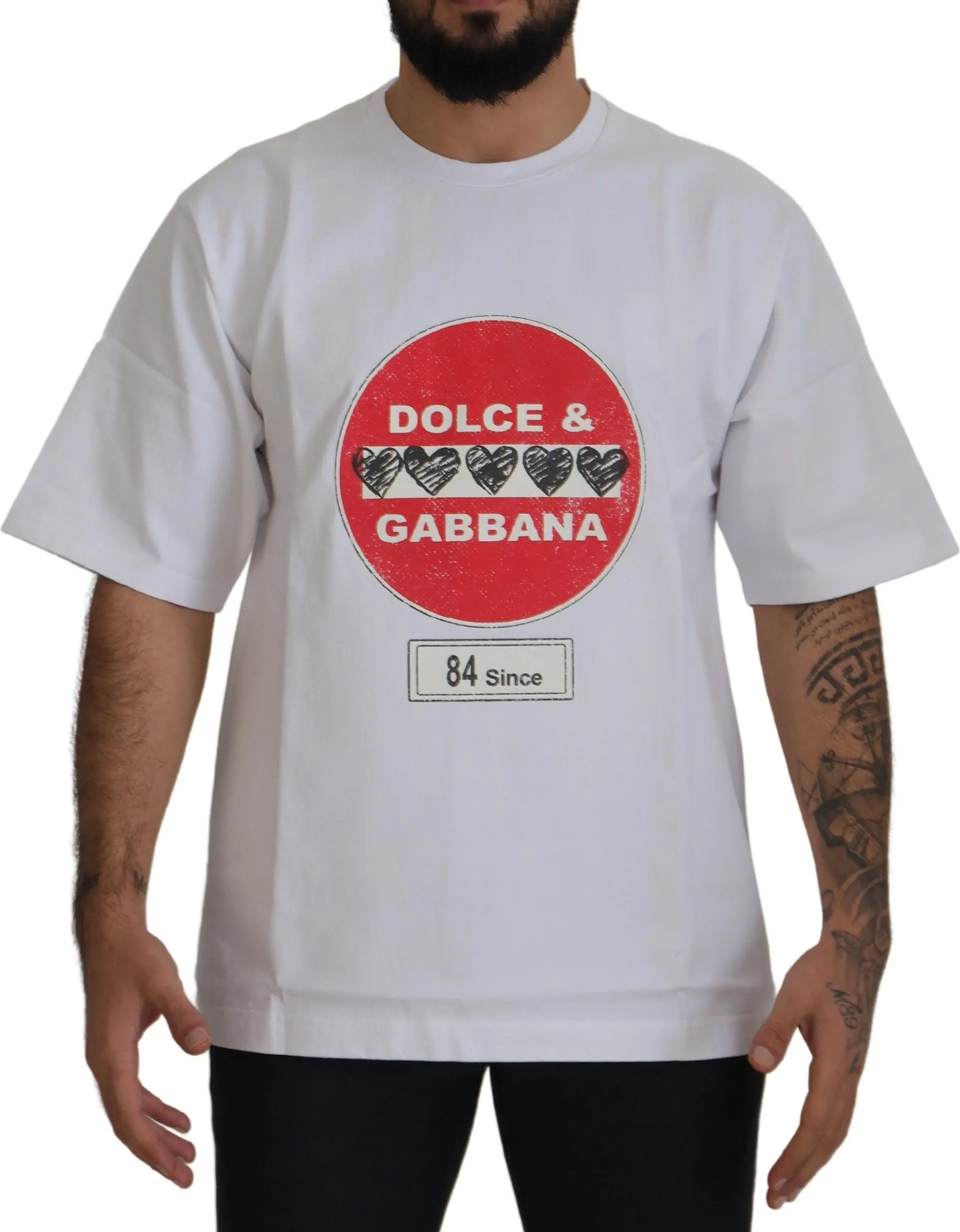 Dolce & Gabbana T-sherti, oq rangli "Amor Heart" dizayni bilan, paxtadan, dumaloq yoqali