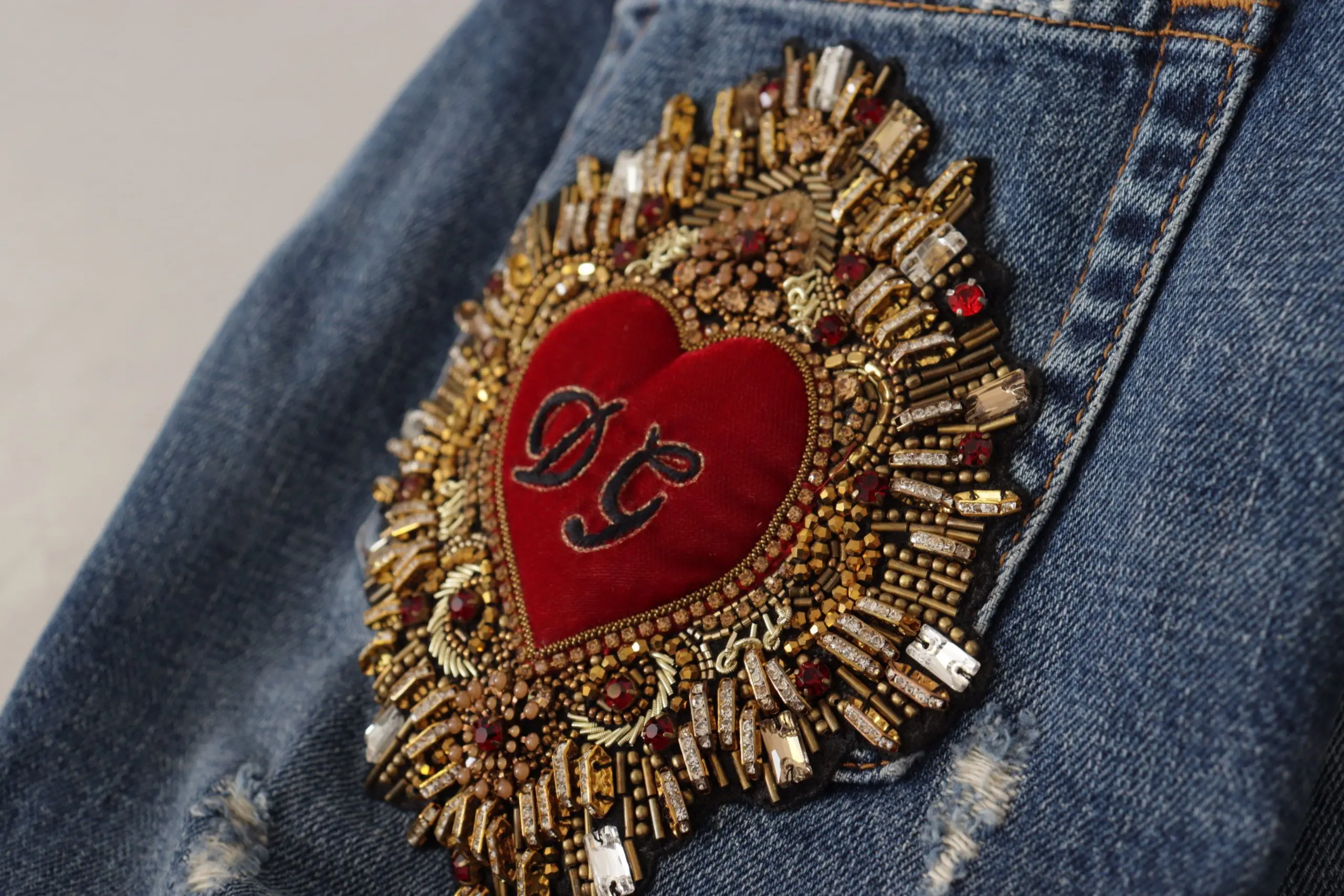 Jeans Dolce & Gabbana Blue Denim Baroque Heart Logo Patch
