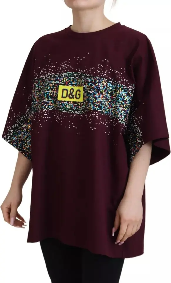 Футболка Dolce & Gabbana Бордовая с принтом, круглым вырезом, хлопковая