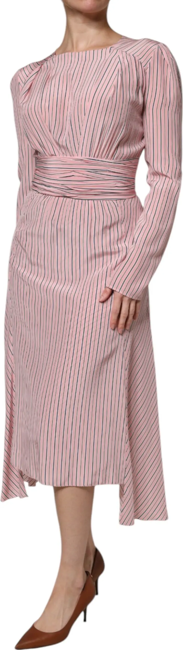 Dress Ermanno Scervino Pink Stripes Silk Long Sleeves Midi Dress