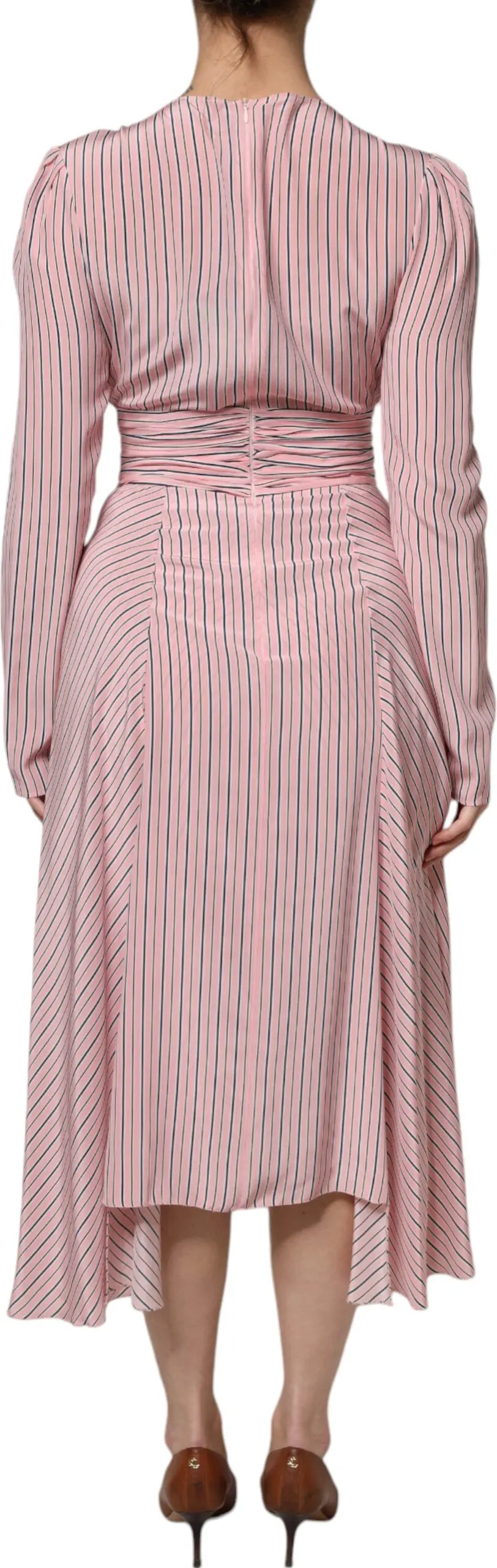 Dress Ermanno Scervino Pink Stripes Silk Long Sleeves Midi Dress