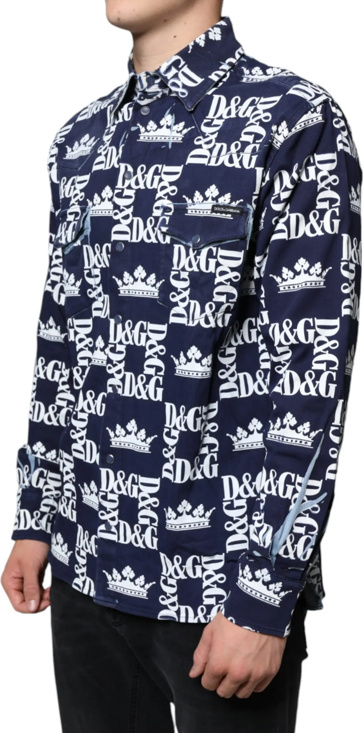 Рубашка Dolce & Gabbana Синяя Рубашка Из Хлопка Приталенного Кроя С Принтом Короны