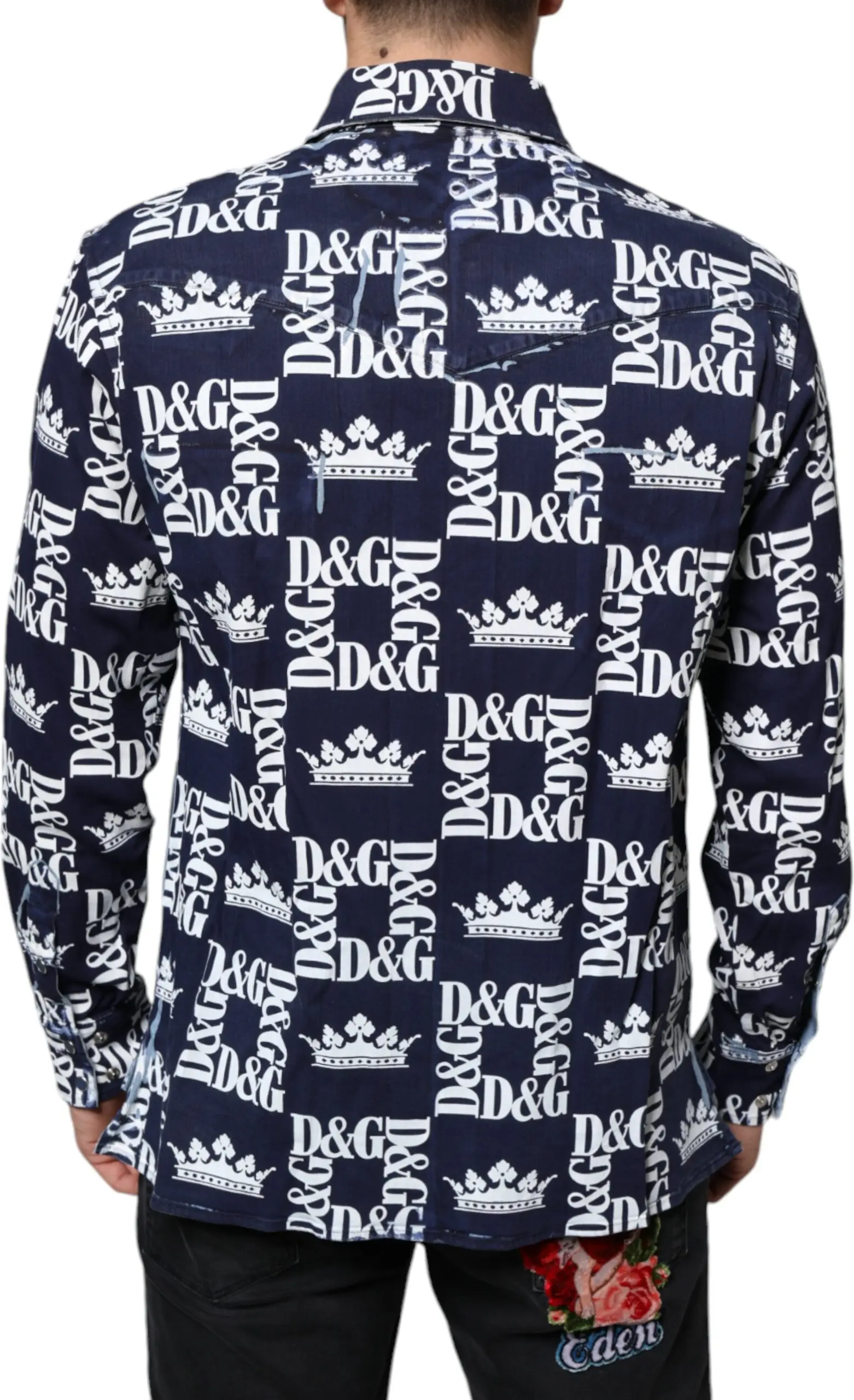 Рубашка Dolce & Gabbana Синяя Рубашка Из Хлопка Приталенного Кроя С Принтом Короны