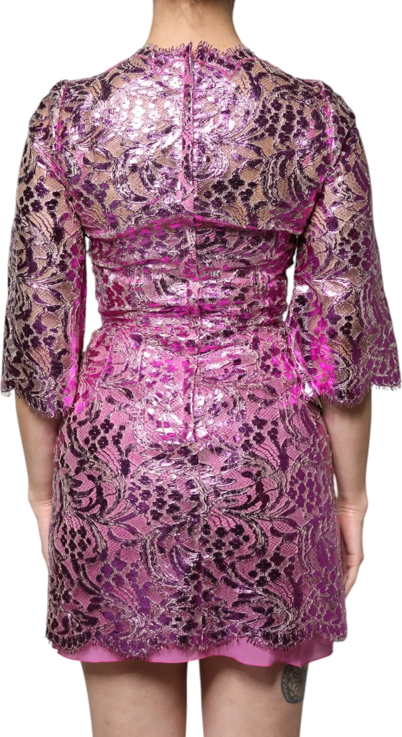 Dolce & Gabbana Metalik Fuchsia Gullar Nafis Kiyimi Mini Ko'ylagi