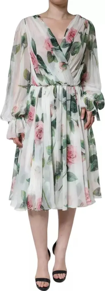 Oq ipakli gul bosma A-line midi ko'ylagi Dolce & Gabbana