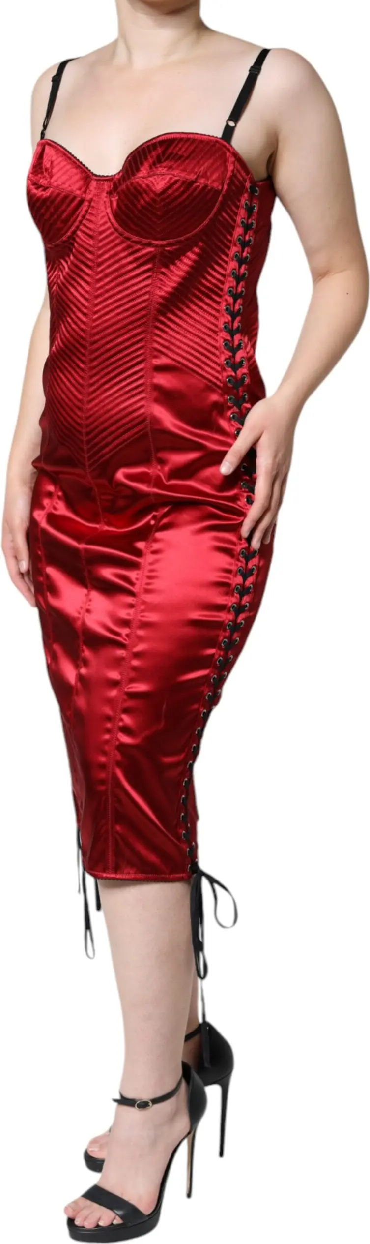 Red Bustier Corset Lace Bodycon Midi Dress Dolce & Gabbana