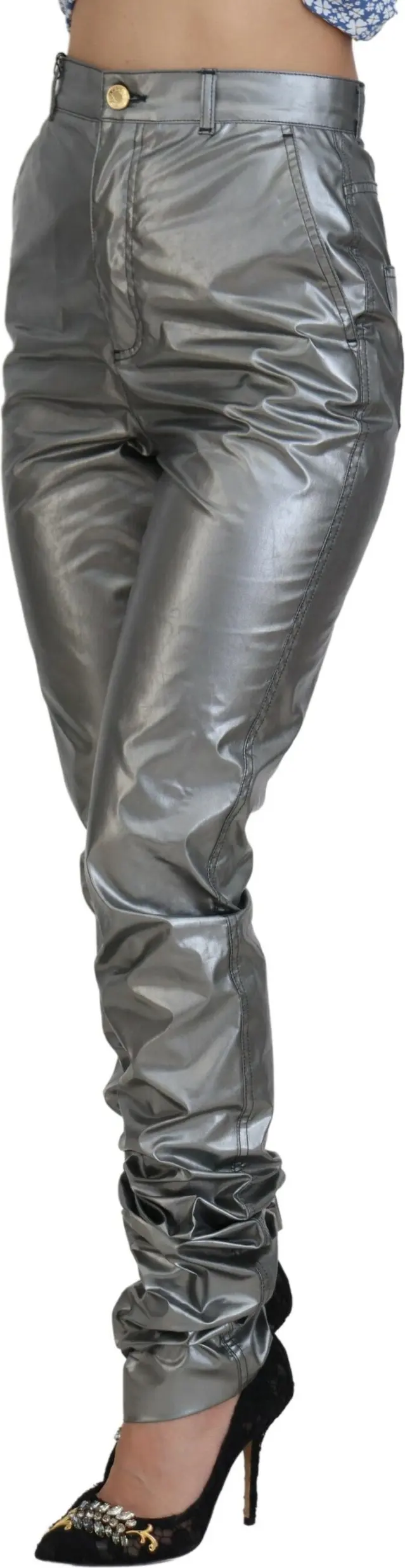 Metallic Silver High Waist Skinny Pants Dolce & Gabbana