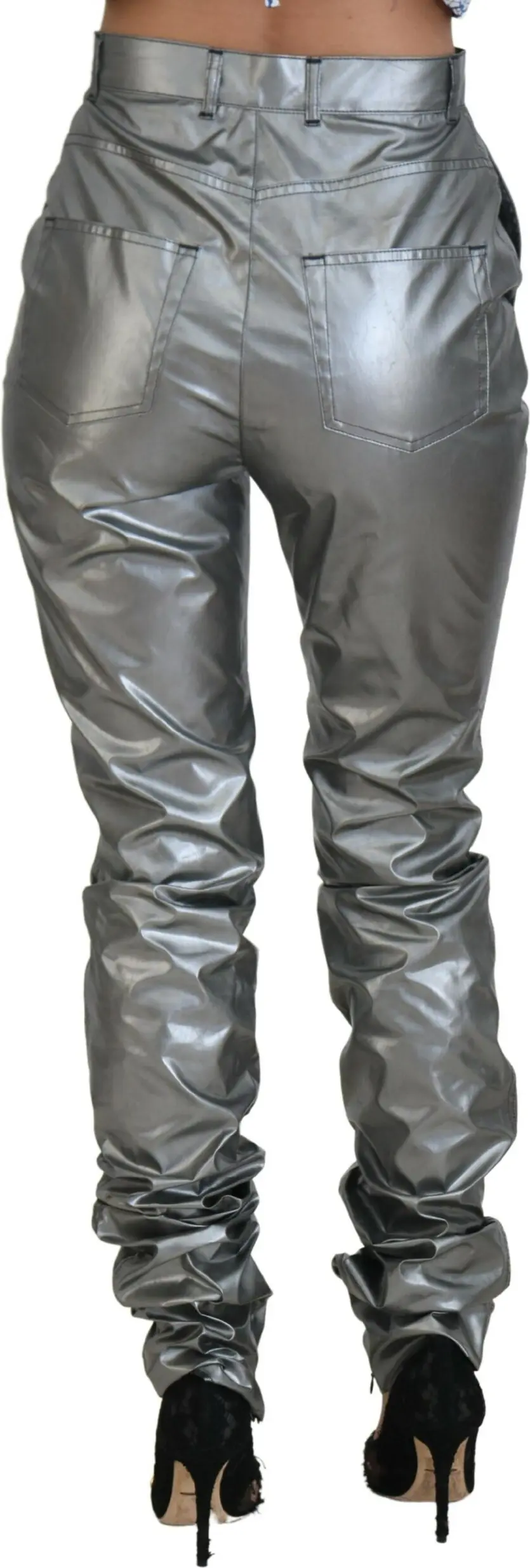 Metallic Silver High Waist Skinny Pants Dolce & Gabbana