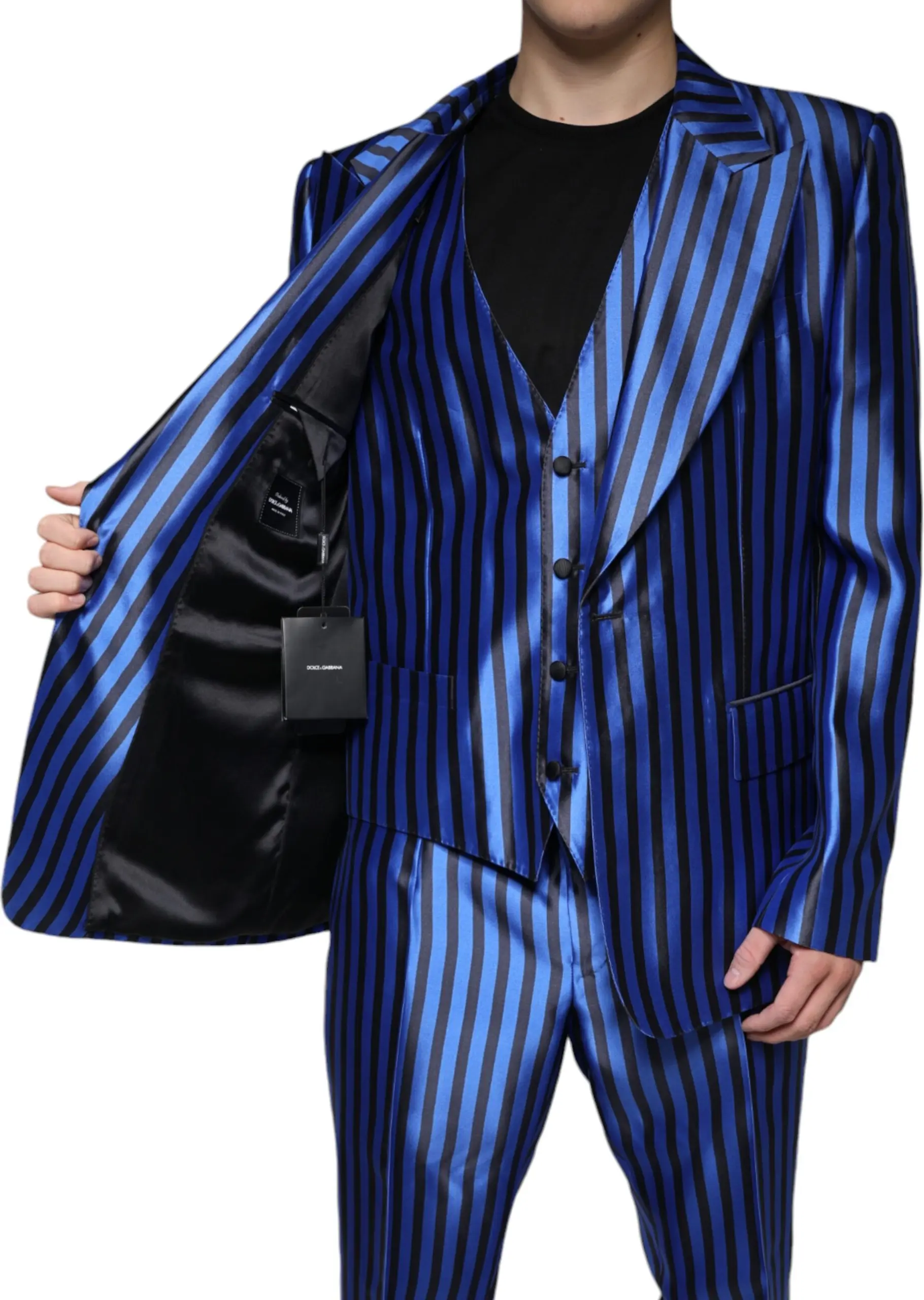 Metallic Blue Stripes Formal 3 Piece Suit Dolce & Gabbana