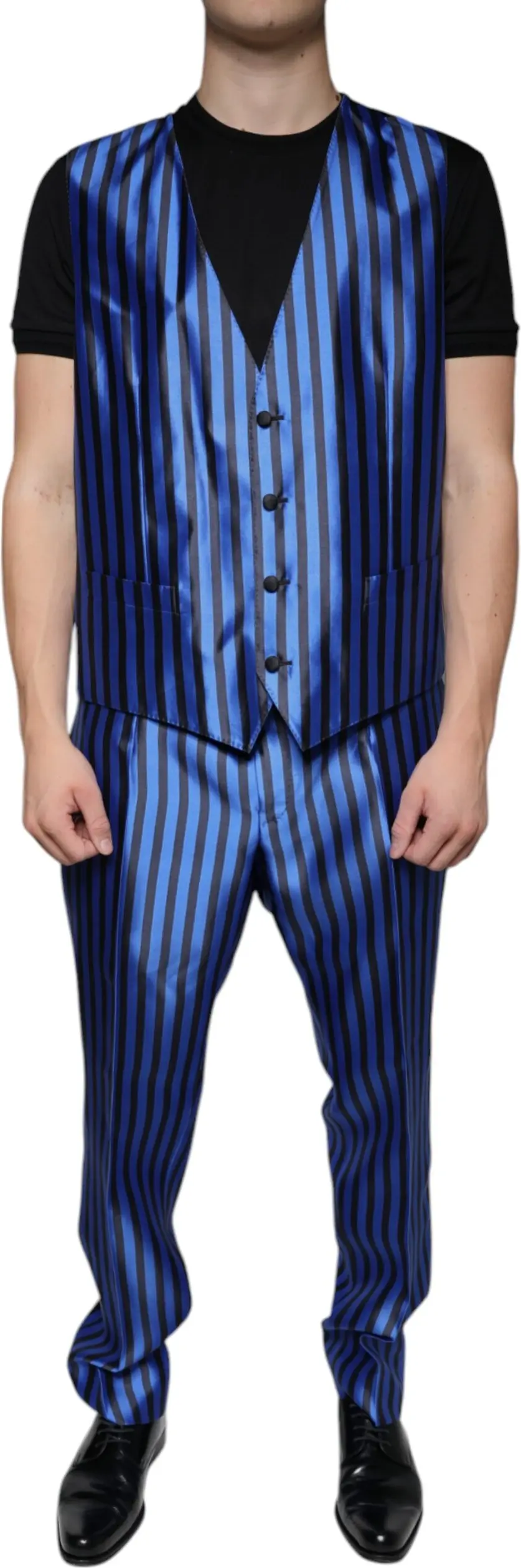 Metallic Blue Stripes Formal 3 Piece Suit Dolce & Gabbana