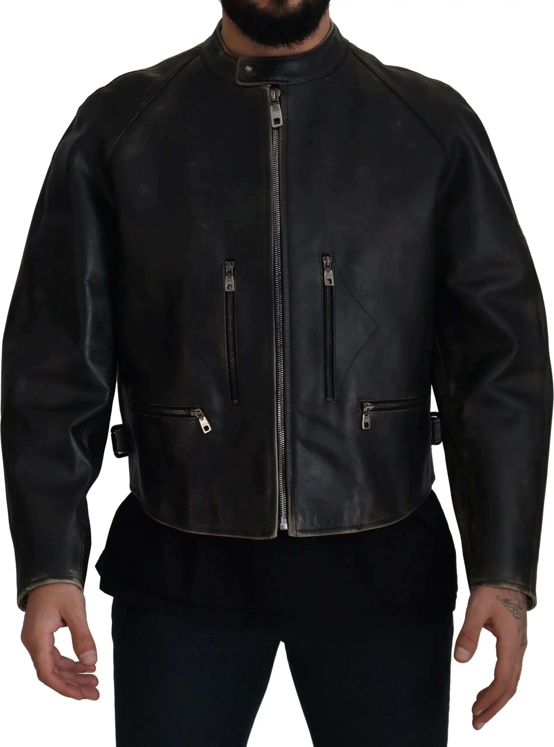 Black Leather Zipper Biker Coat Jacket Dolce & Gabbana
