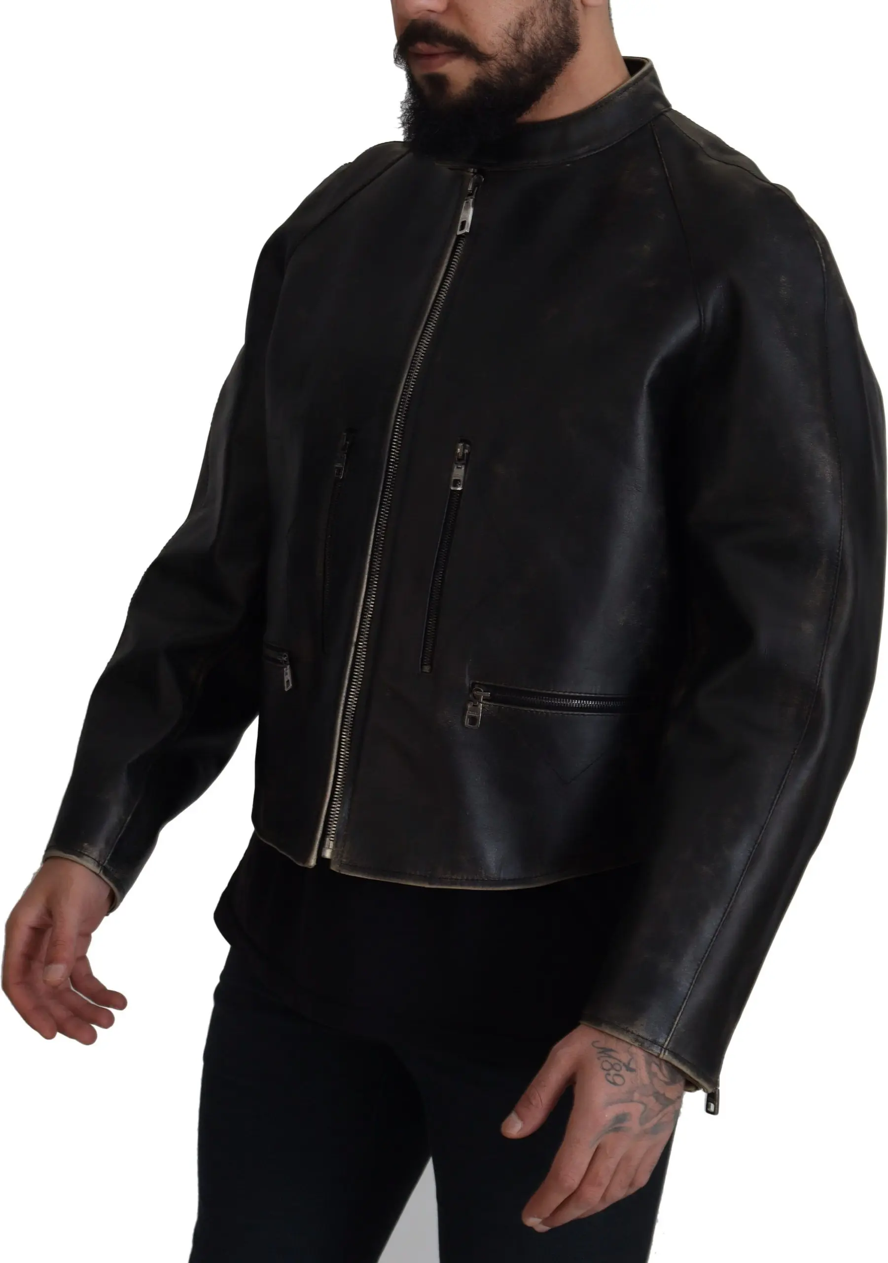 Black Leather Zipper Biker Coat Jacket Dolce & Gabbana