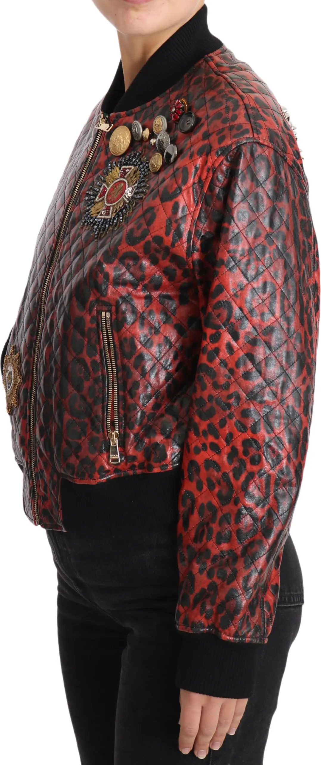 Qizil Gepard Tugmali Swarovski Yoshil Teri Yengil Kostyum Dolce & Gabbana
