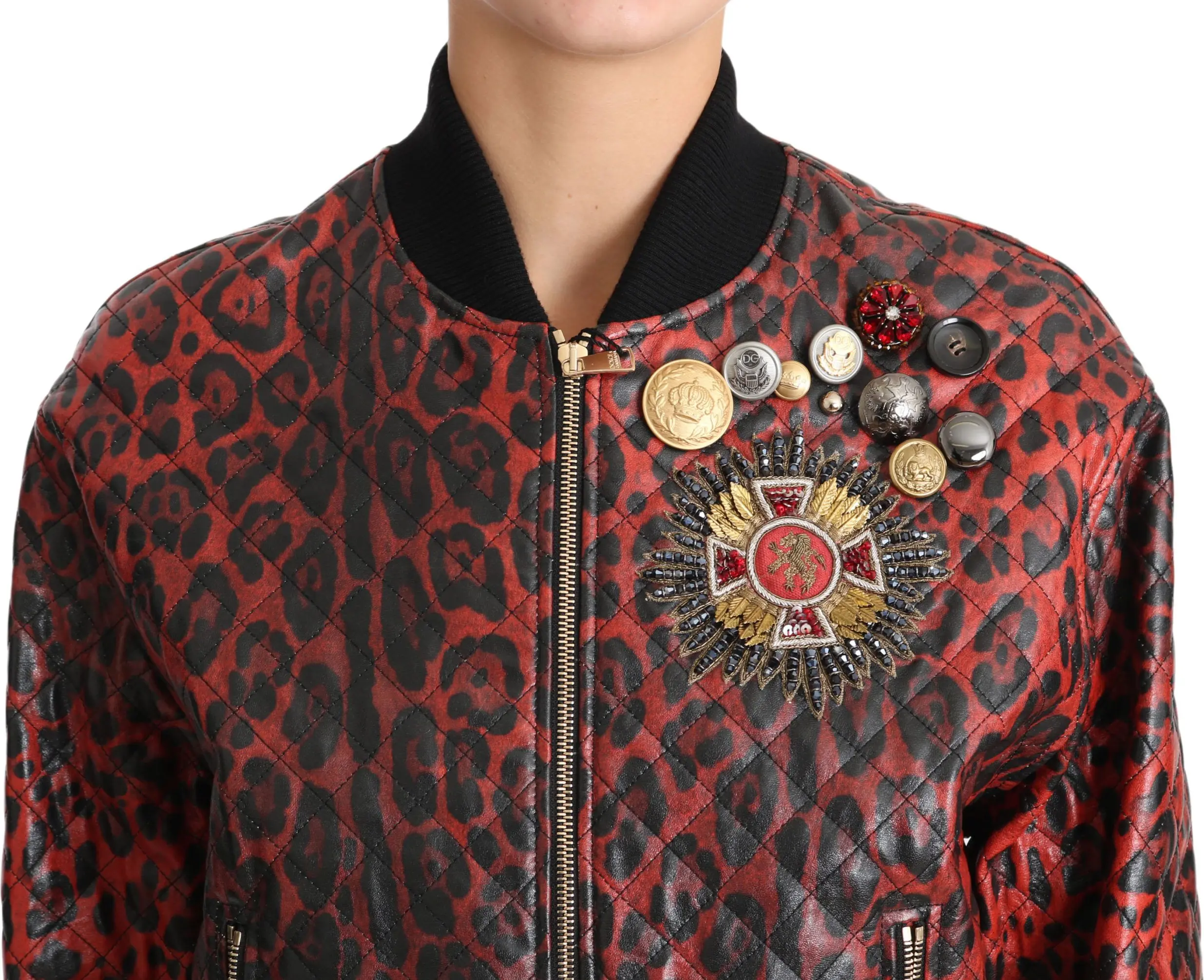 Qizil Gepard Tugmali Swarovski Yoshil Teri Yengil Kostyum Dolce & Gabbana