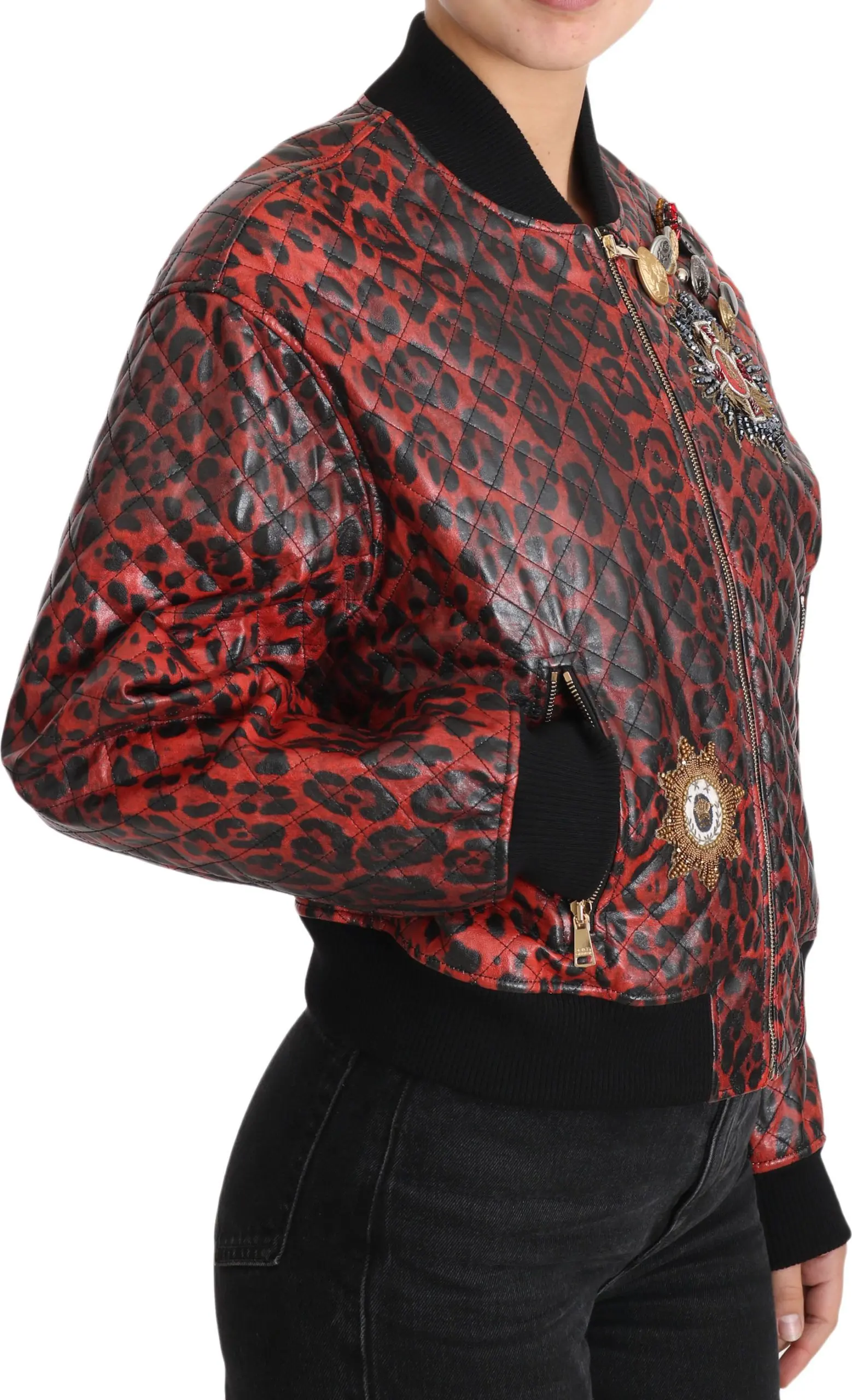 Qizil Gepard Tugmali Swarovski Yoshil Teri Yengil Kostyum Dolce & Gabbana