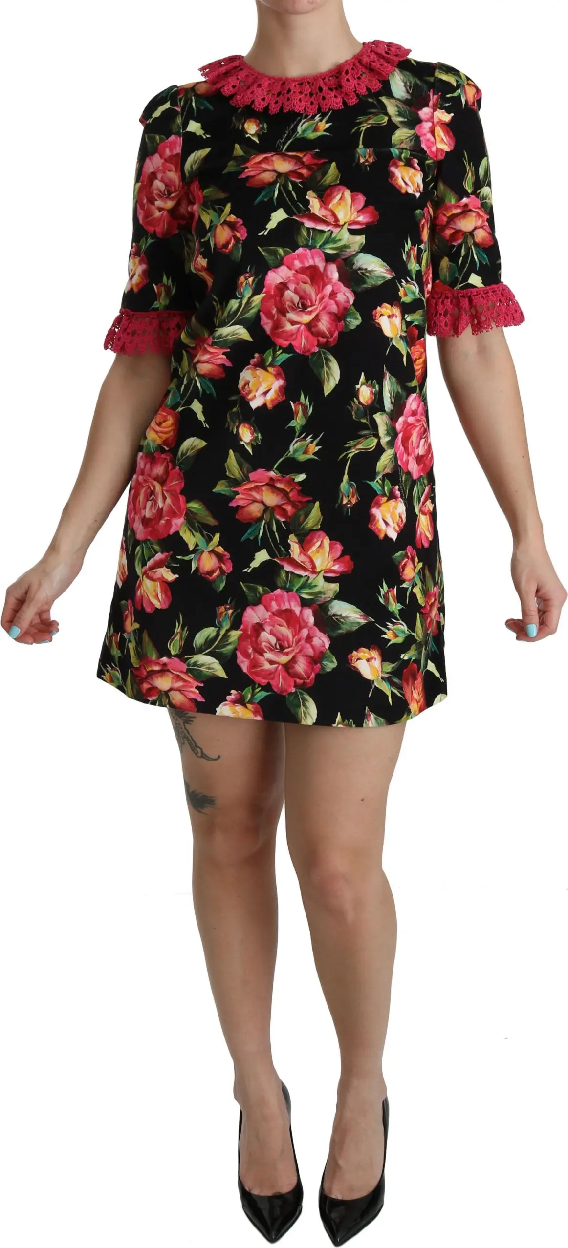 Платье мини Dolce & Gabbana с цветочным кружевом розового цвета