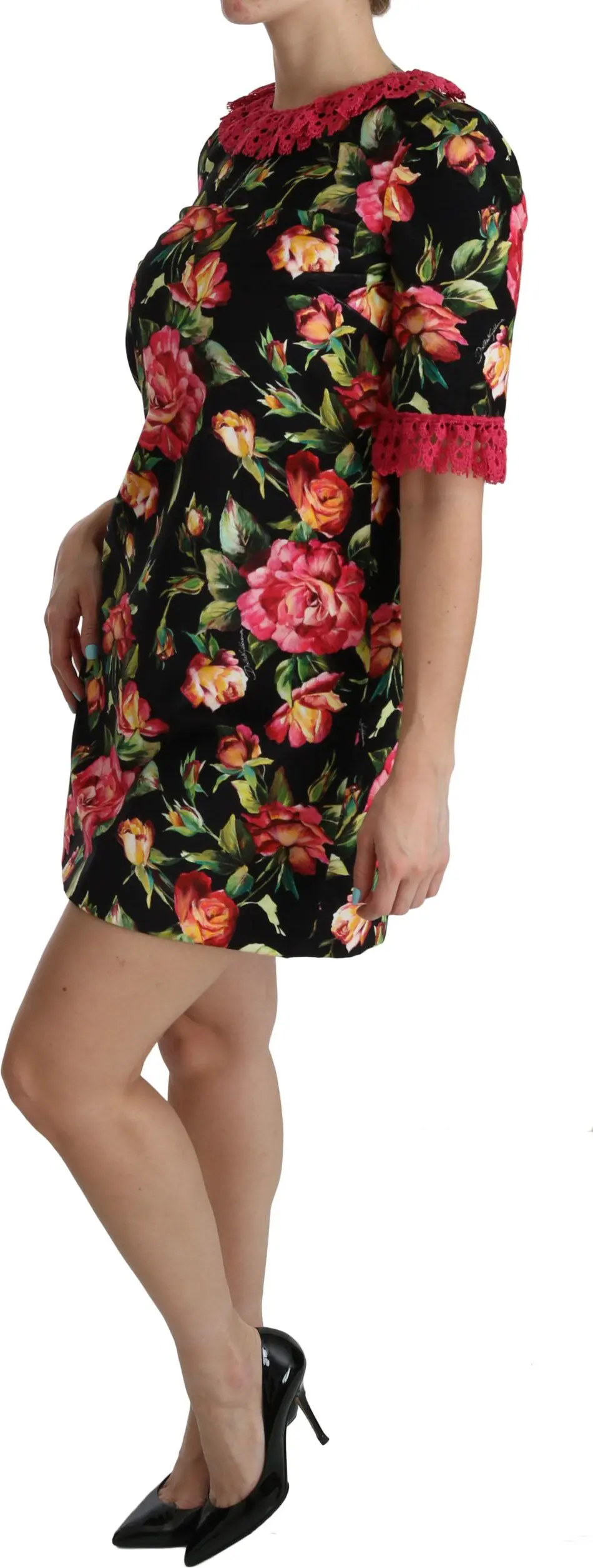 Платье мини Dolce & Gabbana с цветочным кружевом розового цвета
