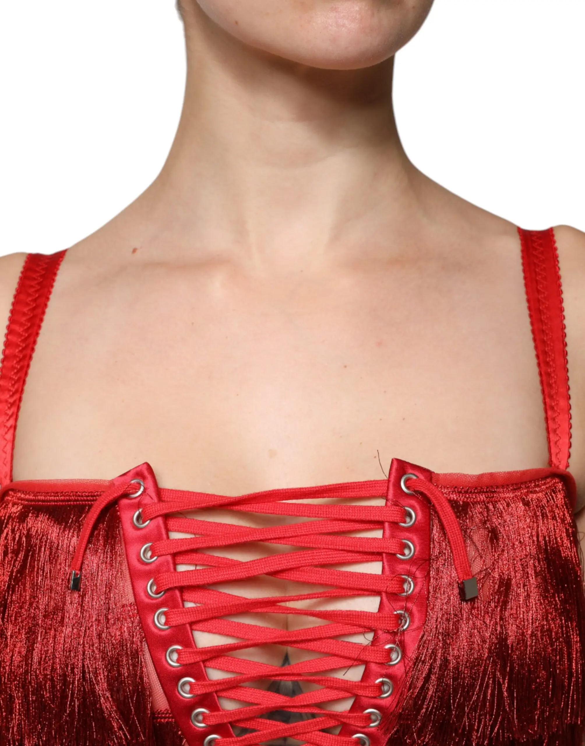 Платье мини Dolce & Gabbana с красным кружевом, бахромой и без рукавов