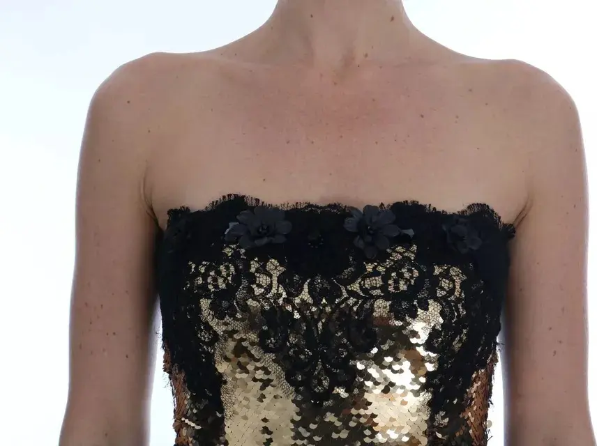 Dolce & Gabbana oltin rangli strapless payetli dantelli ko'ylak