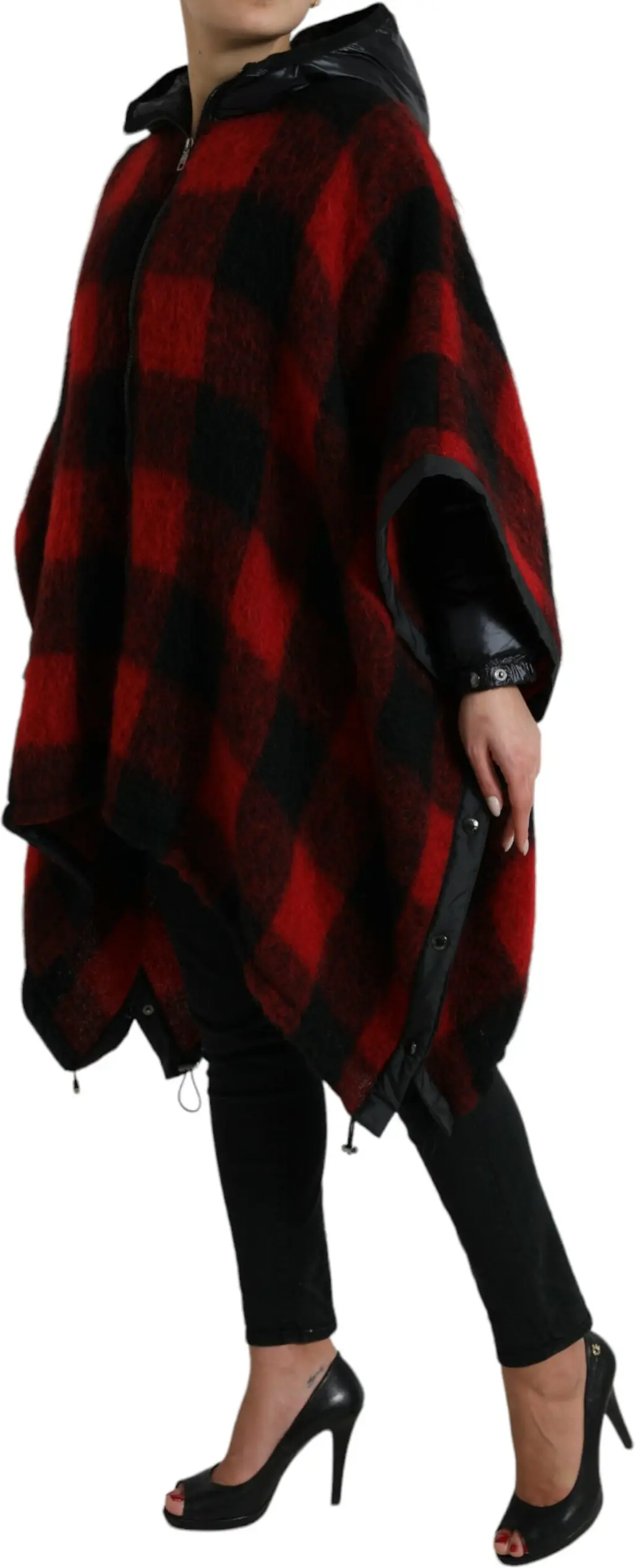 Dolce & Gabbana Qora Qizil Buffalo Check Kapyushonli Poncho Yengil Kurtka
