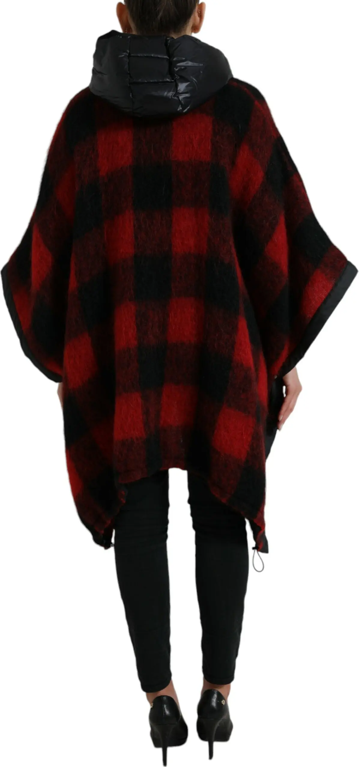 Dolce & Gabbana Qora Qizil Buffalo Check Kapyushonli Poncho Yengil Kurtka