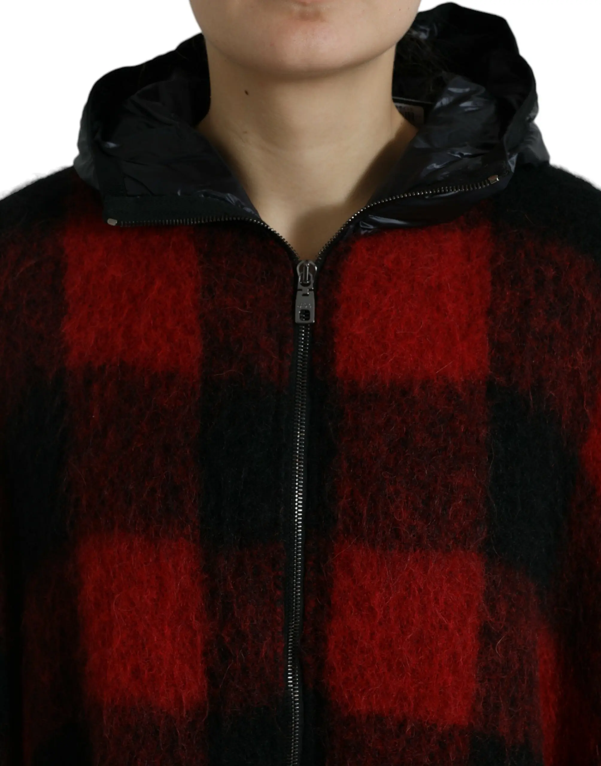 Dolce & Gabbana Qora Qizil Buffalo Check Kapyushonli Poncho Yengil Kurtka