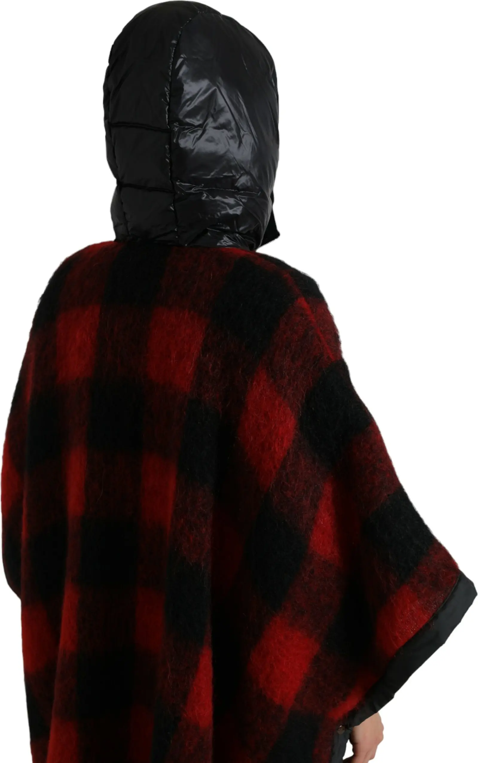 Dolce & Gabbana Qora Qizil Buffalo Check Kapyushonli Poncho Yengil Kurtka