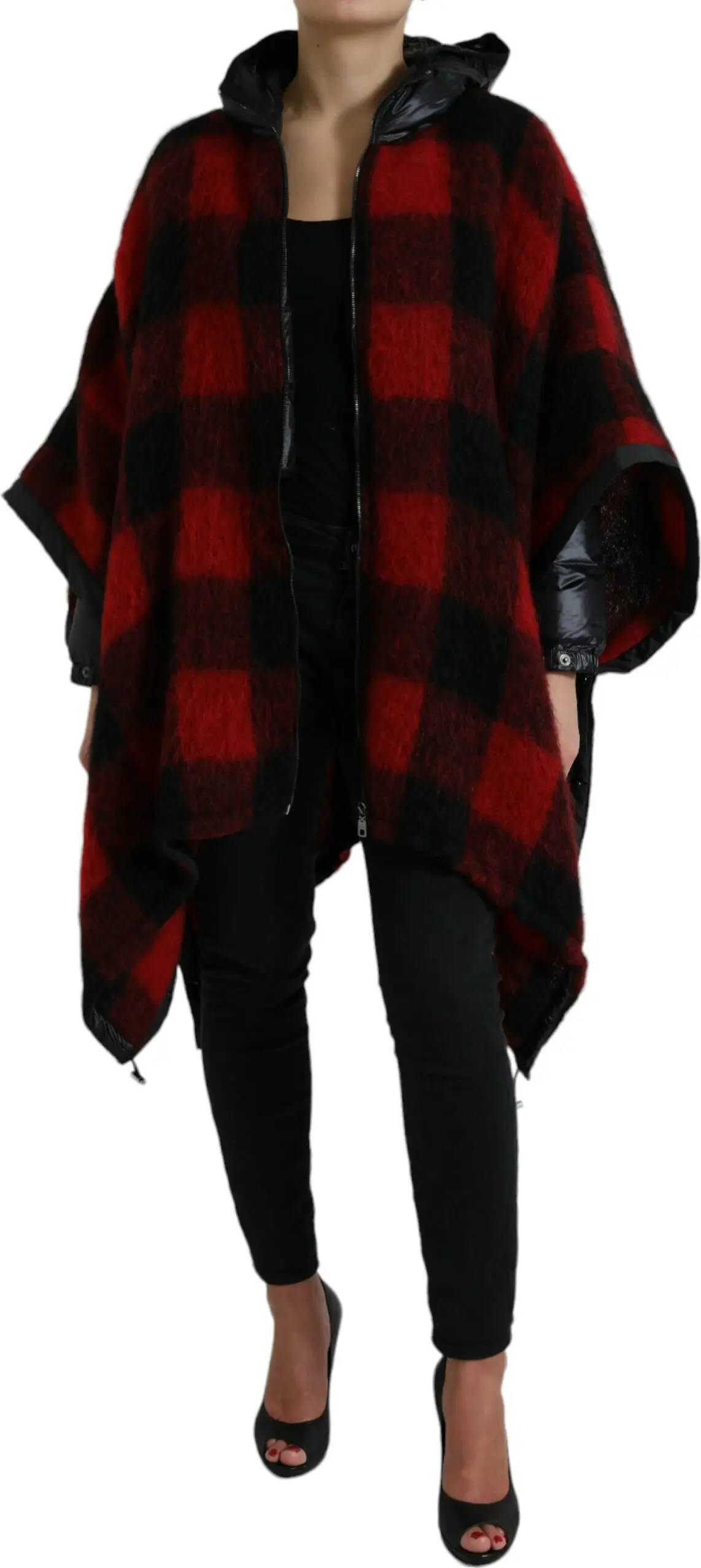 Dolce & Gabbana Qora Qizil Buffalo Check Kapyushonli Poncho Yengil Kurtka