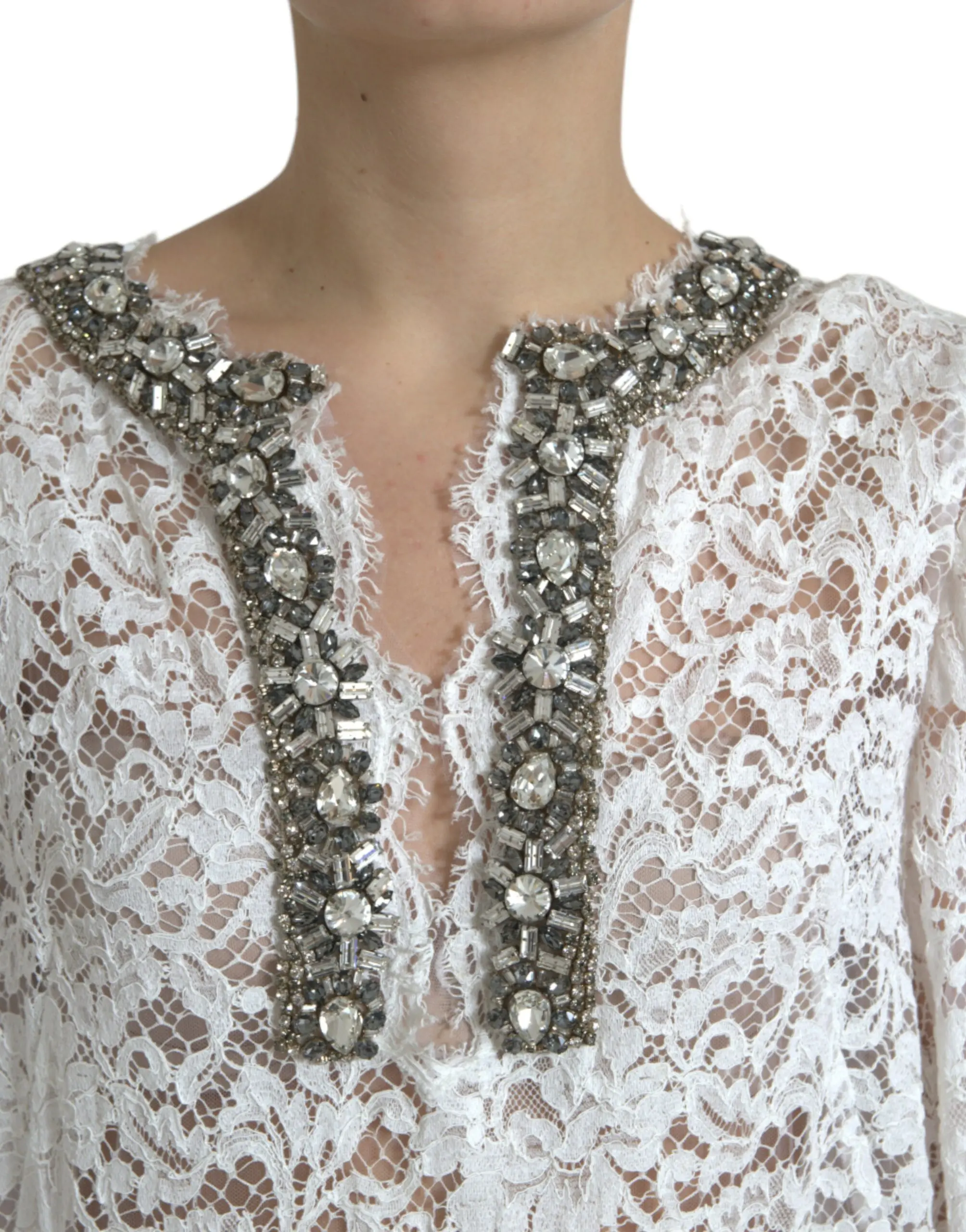 White Lace Crystal Embellished Shift Dress Dolce & Gabbana