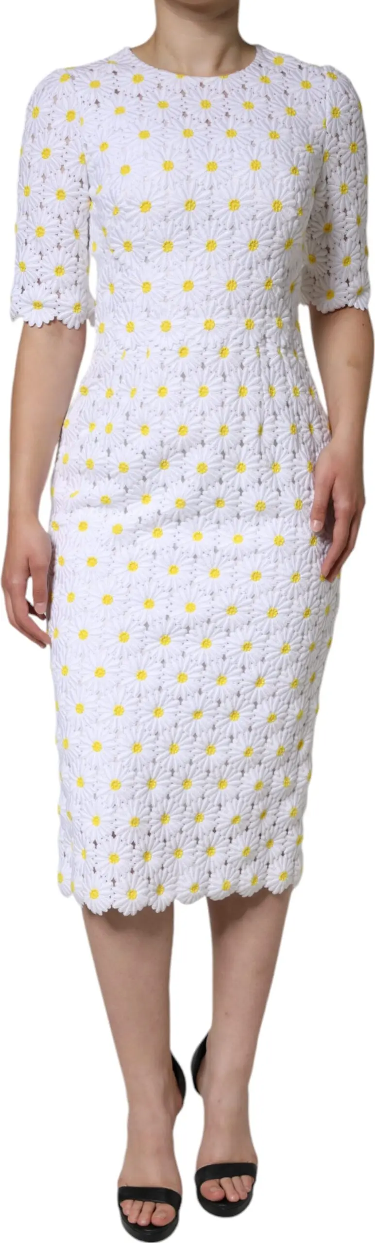White Daisy Macrame Lace Sheath Midi Dress Dolce & Gabbana