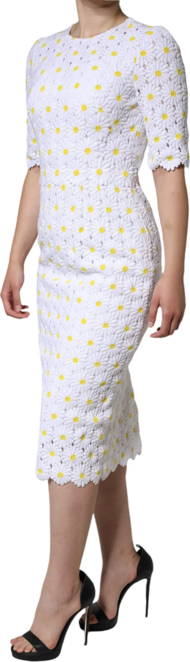 White Daisy Macrame Lace Sheath Midi Dress Dolce & Gabbana