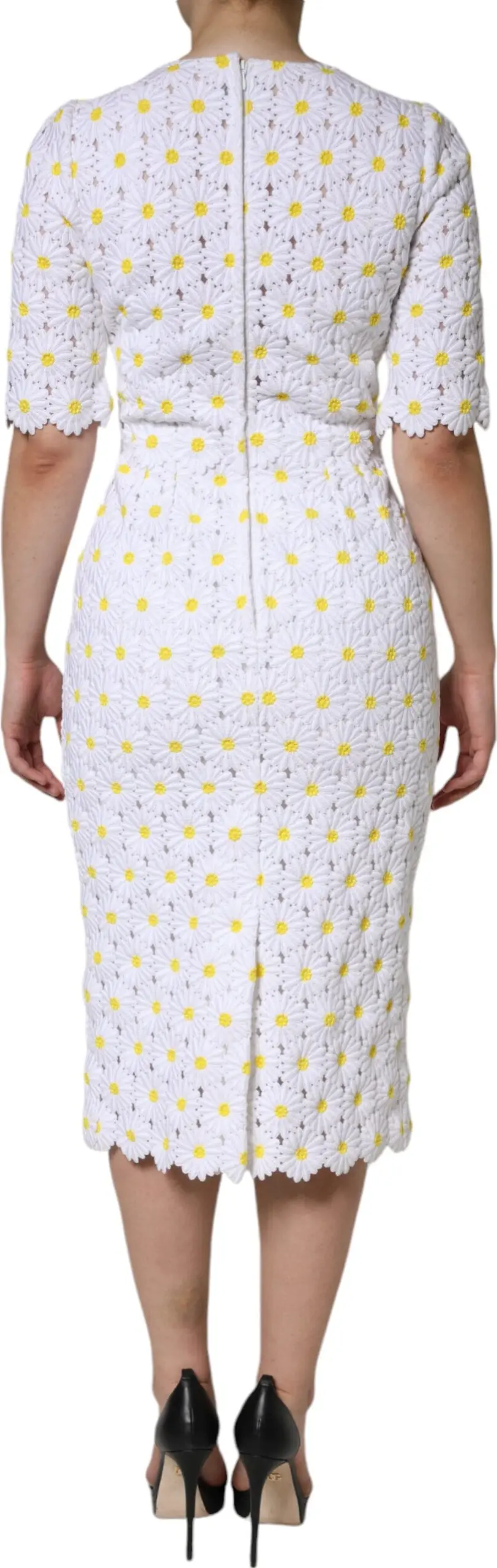 White Daisy Macrame Lace Sheath Midi Dress Dolce & Gabbana