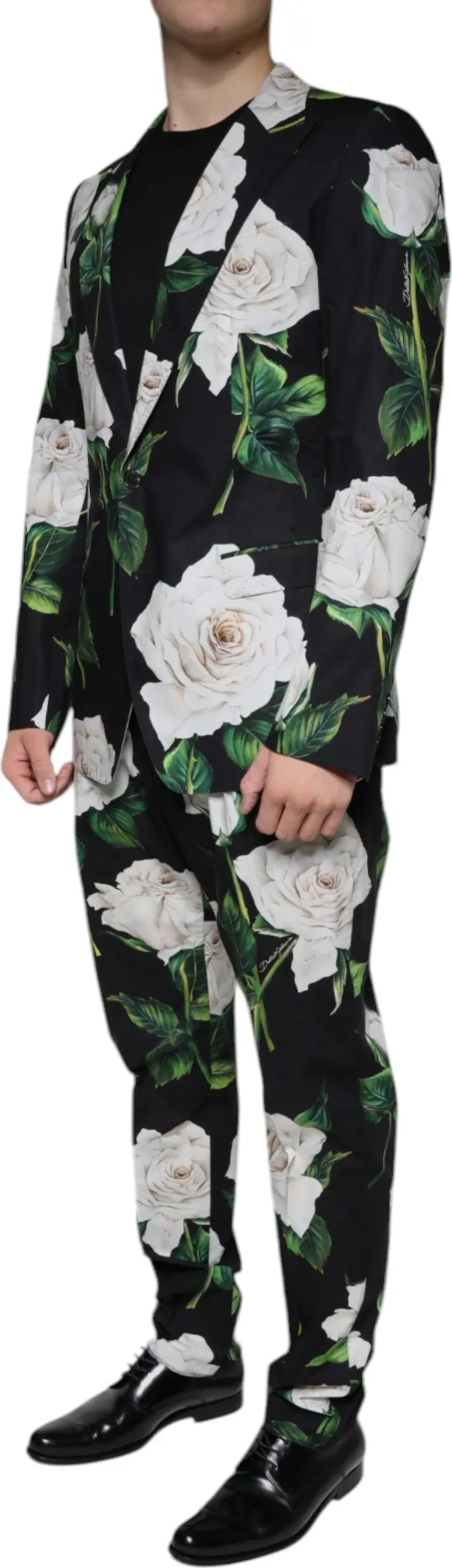 Suit Dolce & Gabbana Black Rose Cotton Men Formal 2 Piece