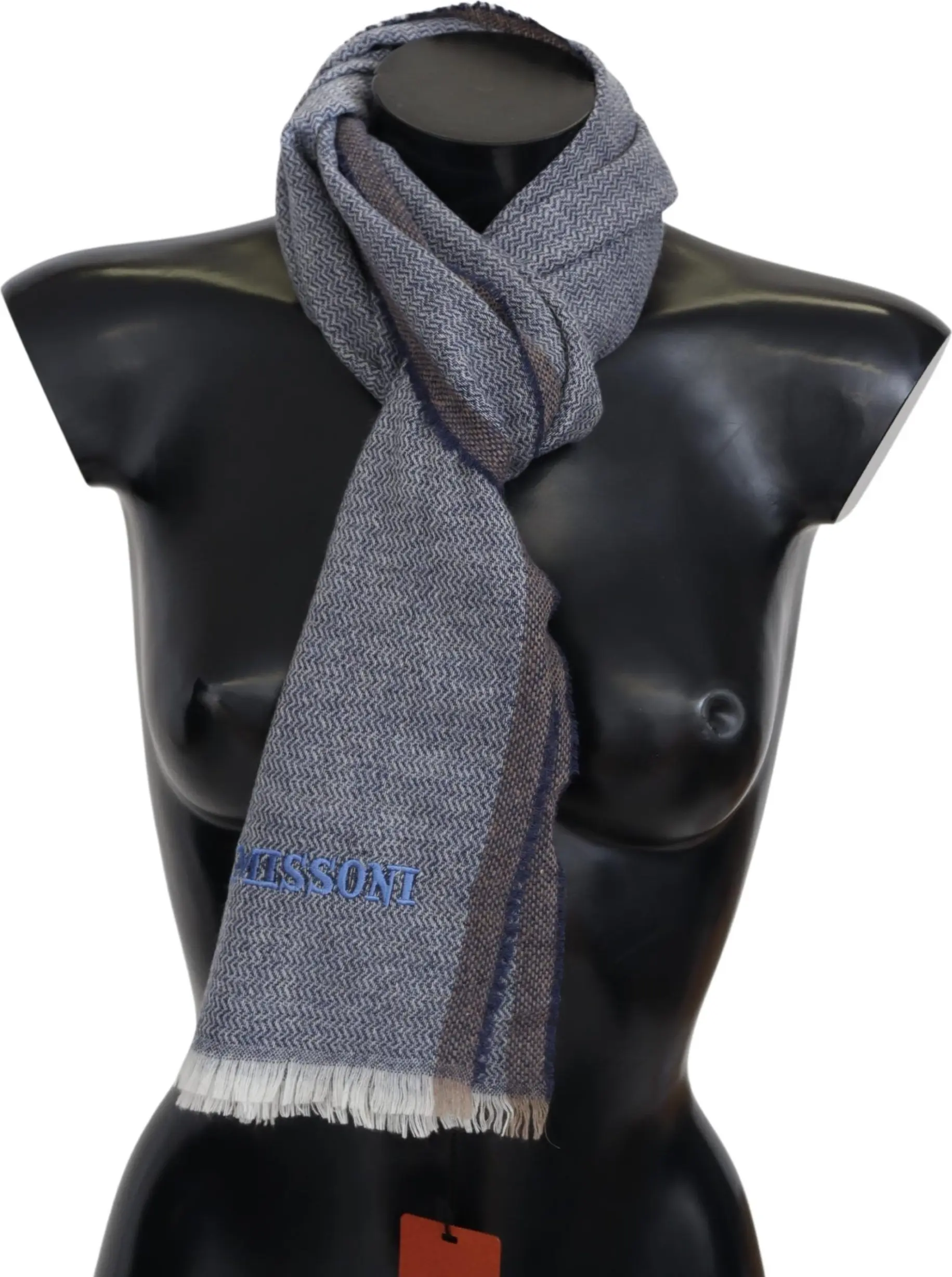 Scarf Missoni Elegant Gray Wool Scarf with Stripes and Fringes