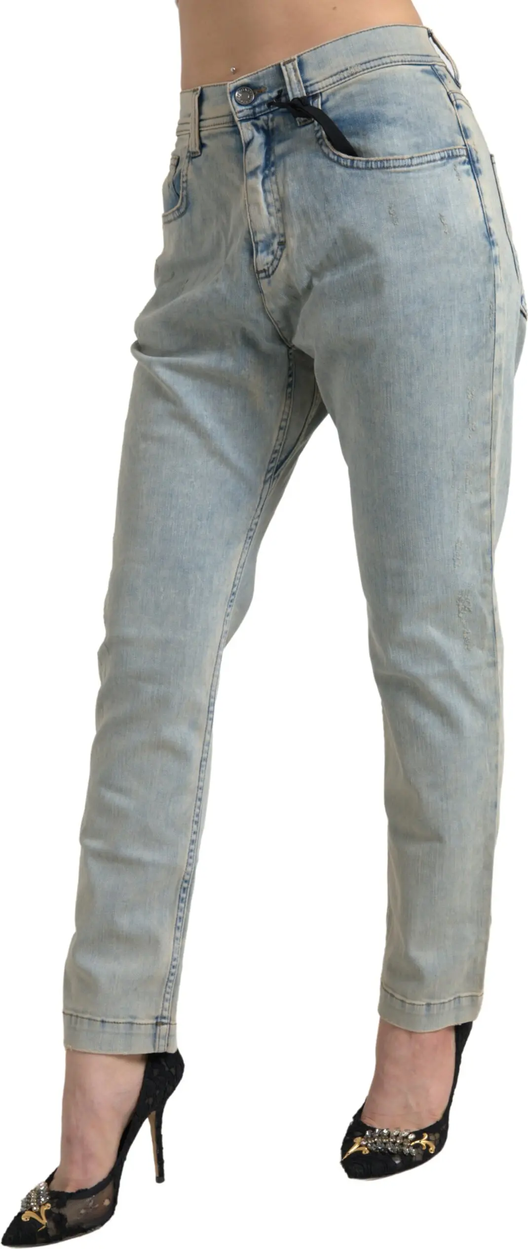 Blue Washed Cotton Mid Waist Skinny Jeans